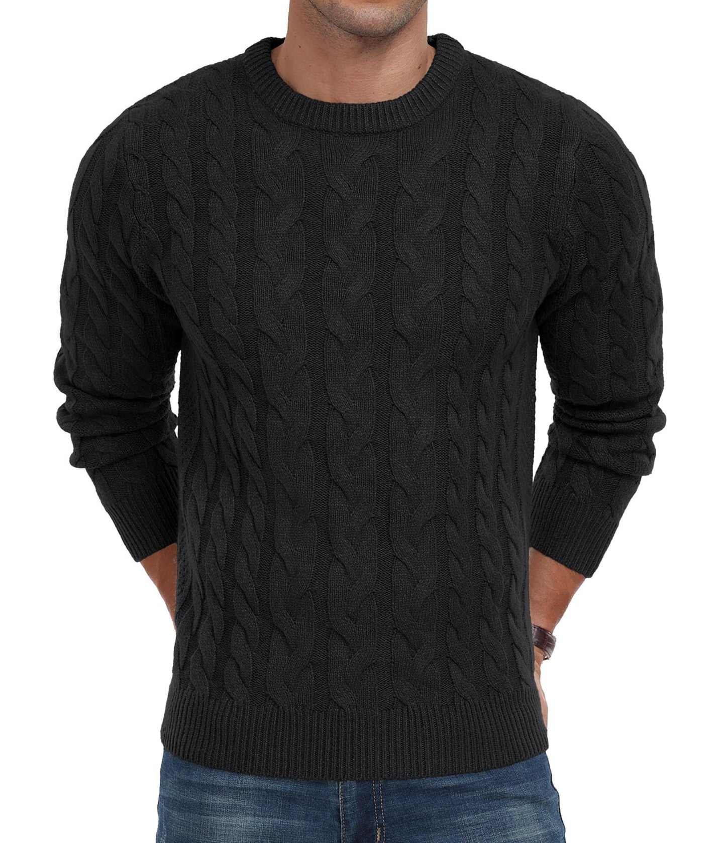 QIXING Men’s Cable Knit Sweater – Chunky Crewneck Pullover