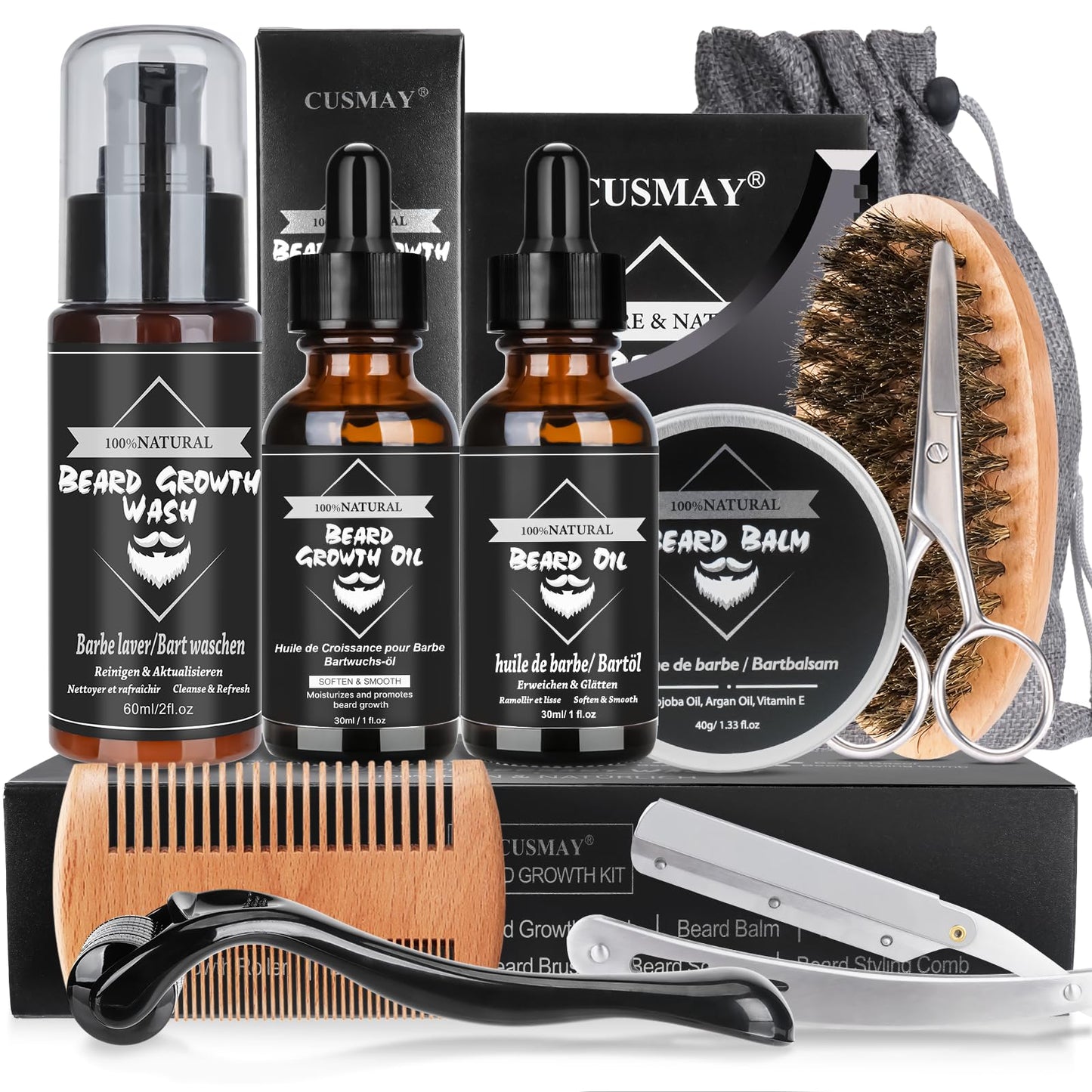 CUSMAY Bartpflege Set für Männer 9 Teilig,Geschenke Bart Set Herren mit Natürlich Bartshampoo,Bartöl,Bartbalsam,Bartkamm,Bartbürste,Bartschere, Männer Geschenkset für Vatertag Valentinstag Weih