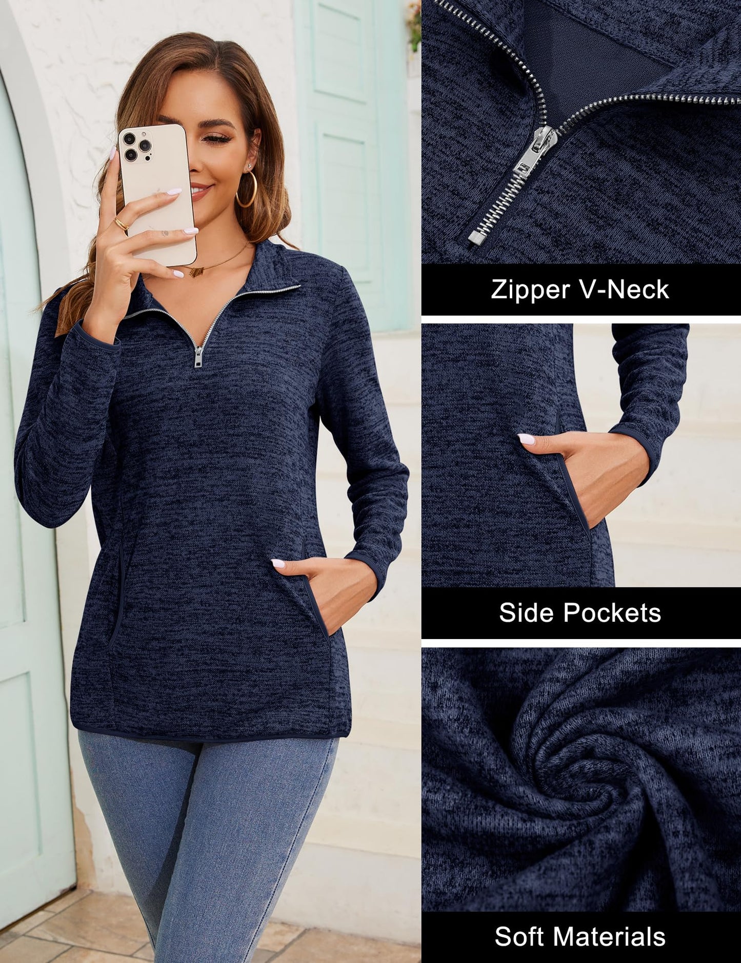 iWoo Women’s 1/4 Zip Pullover Sweatshirt – Casual Long Sleeve Top