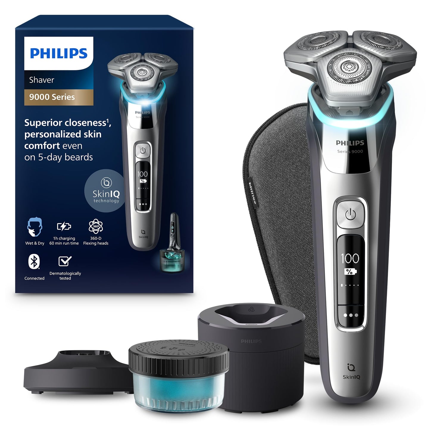 Philips Shaver S9000 – Elektrischer Nass-& Trockenrasierer für Männer, Dunkelchrom, Lift & Cut System, SkinIQ Technologie, Barttrimmer, Reinigungsstation, Ladestation & Reiseetui (Modell S9974/55)