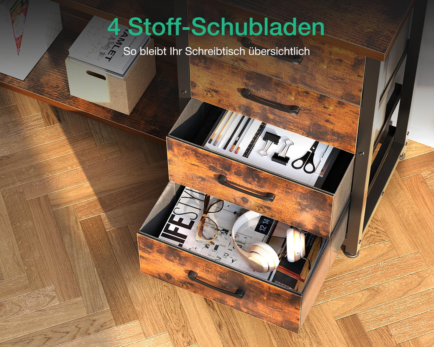 ODK Schreibtisch mit Schubladen, Reversible Eckschreibtisch mit 2 Steckdosen und 2 USB Ladeanschluss, Bürotisch L Form mit LED für Home Office 135×110cm (Schwarz)