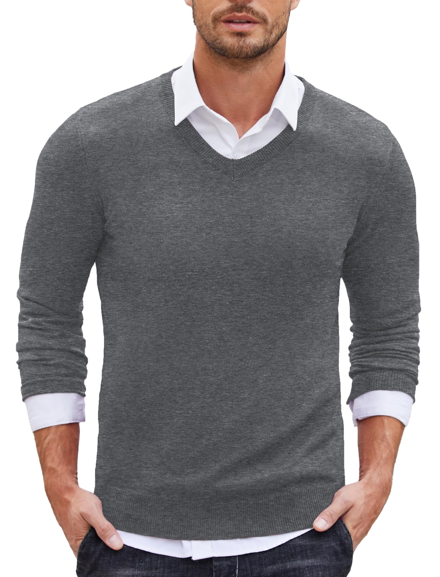 COOFANDY Men’s V-Neck Knit Sweater – Classic Long Sleeve Pullover