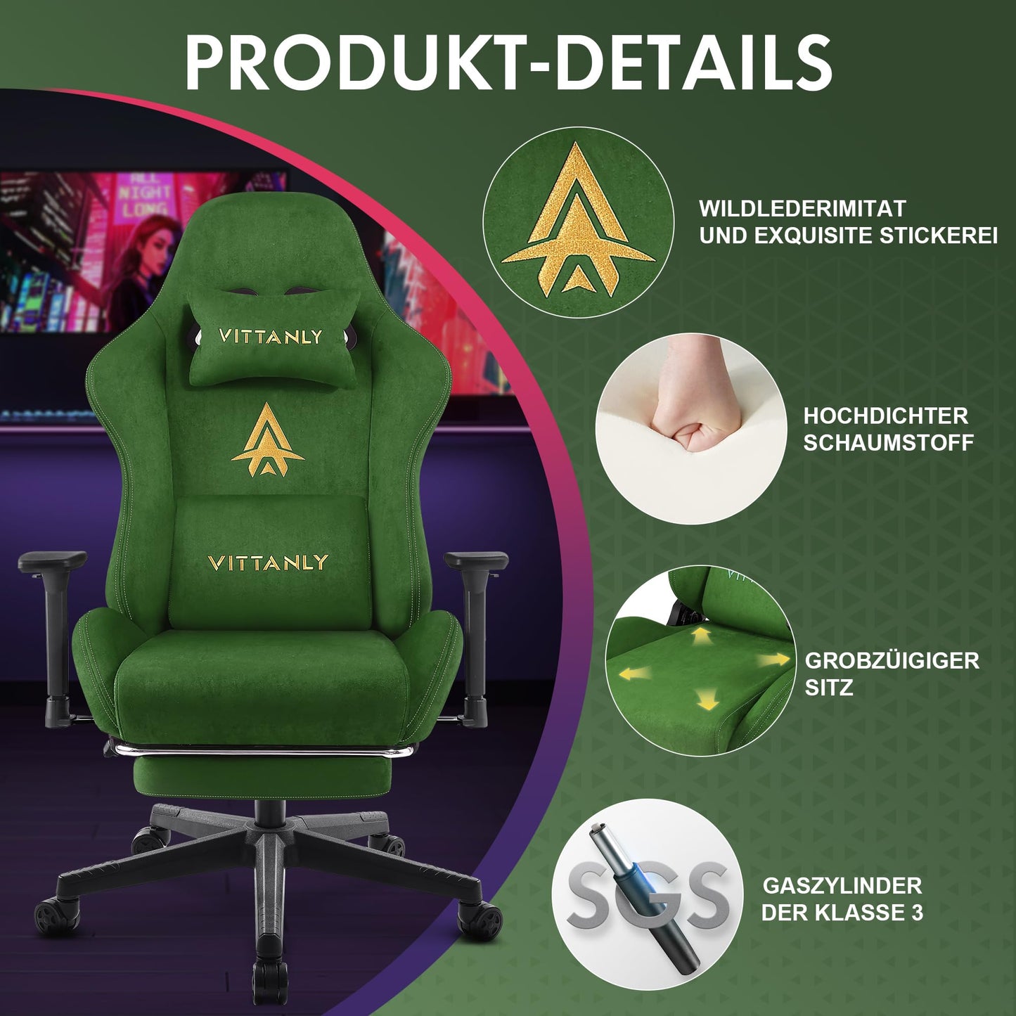 Vittanly Gaming Chair, Luxurious Breathable Imitation Suede Office Chair Gaming Chair, Ergonomic Gamer Chair with Footrest Headrest and Lumbar Cushion, 3D Armrests, 90-155° Backrest, Gray
