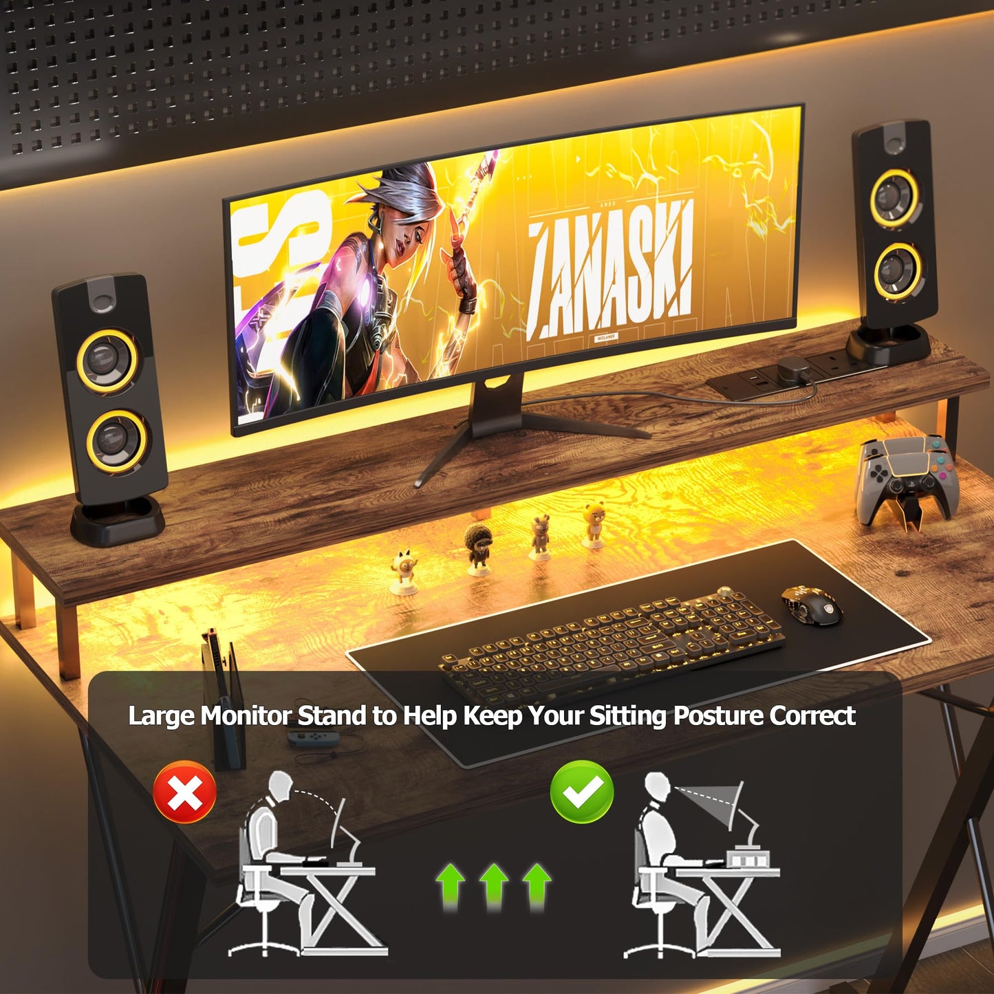 BEXEVUE Gaming Schreibtisch mit Steckdosenleiste LED – 100x50 cm Ergonomic Computer Gamer Tisch, Großer PC Monitorständer, Moderner X Rahmen, Kopfhörerhaken, Studium Arbeit Zuhause Schlafzimmer