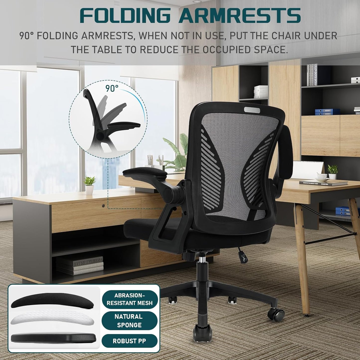 Milacyee Bürostuhl,Ergonomischer Schreibtischstuhl,Drehstuhl mit klappbaren Armlehnen,Verstellbare Lendenwirbelstütze,Höhenverstellbarer Chefsessel, Netzstuhl mit Wippfunktion bis zu 130°,Schwarz