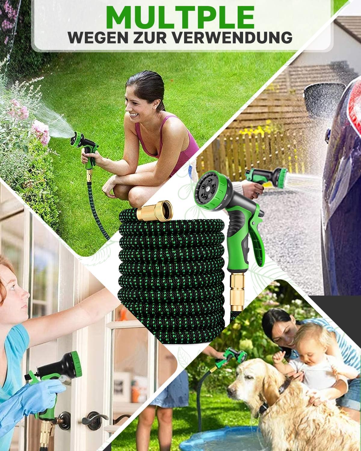 Flexibler Gartenschlauch 15m, Dehnbarer Gartenschläuche mit 10-Funktionsdüse Brause, 3/4 und 1/2 Zoll Messinganschlüssen, Garden Hose für Gartenarbeit, Rasenbewässerung und Hausreinigung