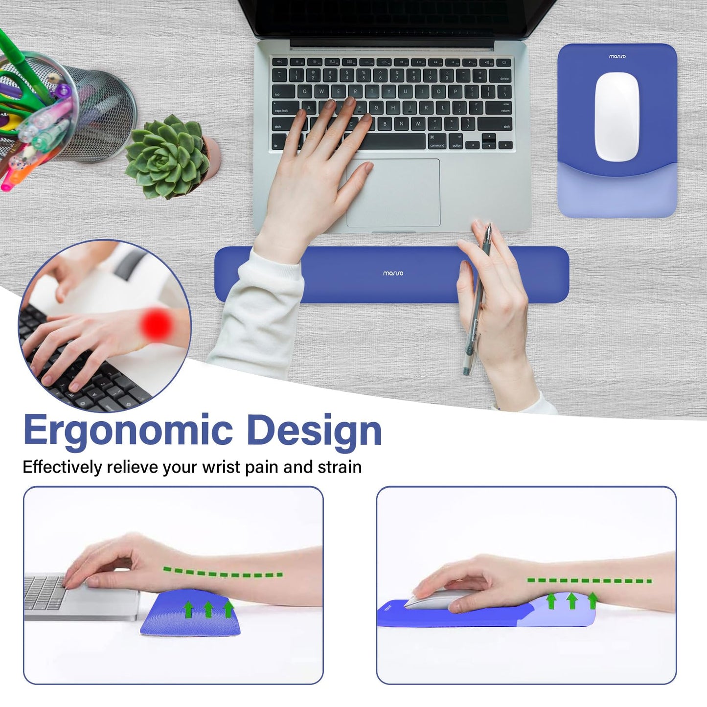MOSISO Handgelenkstütze für Mauspad&Tastatur Set, Rechteckig Ergonomisch Mauspad Rutschfest Basis Home/Büro Schmerzlinderung&Typing Kissen mit Neopren Cloth&Erhöht Gebogen Memory Schaum,Grün