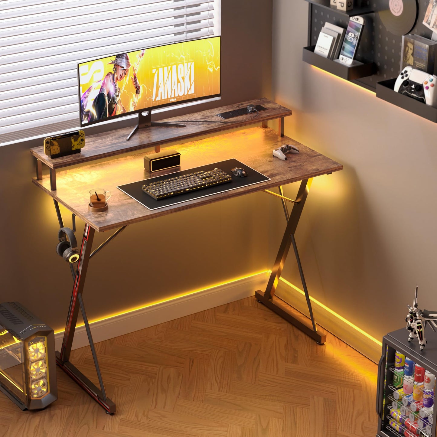 BEXEVUE Gaming Schreibtisch mit Steckdosenleiste LED – 100x50 cm Ergonomic Computer Gamer Tisch, Großer PC Monitorständer, Moderner X Rahmen, Kopfhörerhaken, Studium Arbeit Zuhause Schlafzimmer