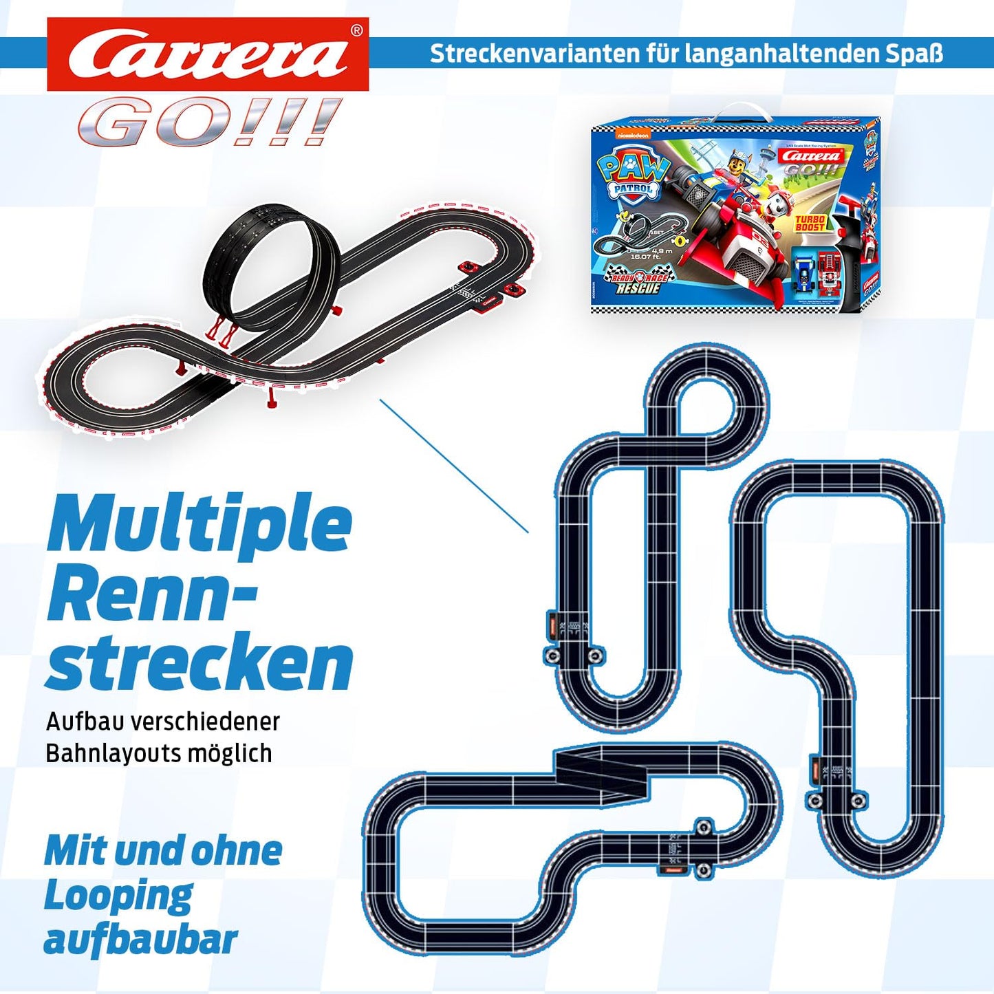 Carrera GO!!! PAW Patrol - Ready Race Rescue Set |2 Slotcars inkl. 2 Handregler mit Turbo-Knopf | Inklusive Chase und Marshall | 4,9 m Streckenlänge mit Looping und Rundenzähler | Maßstab 1:43