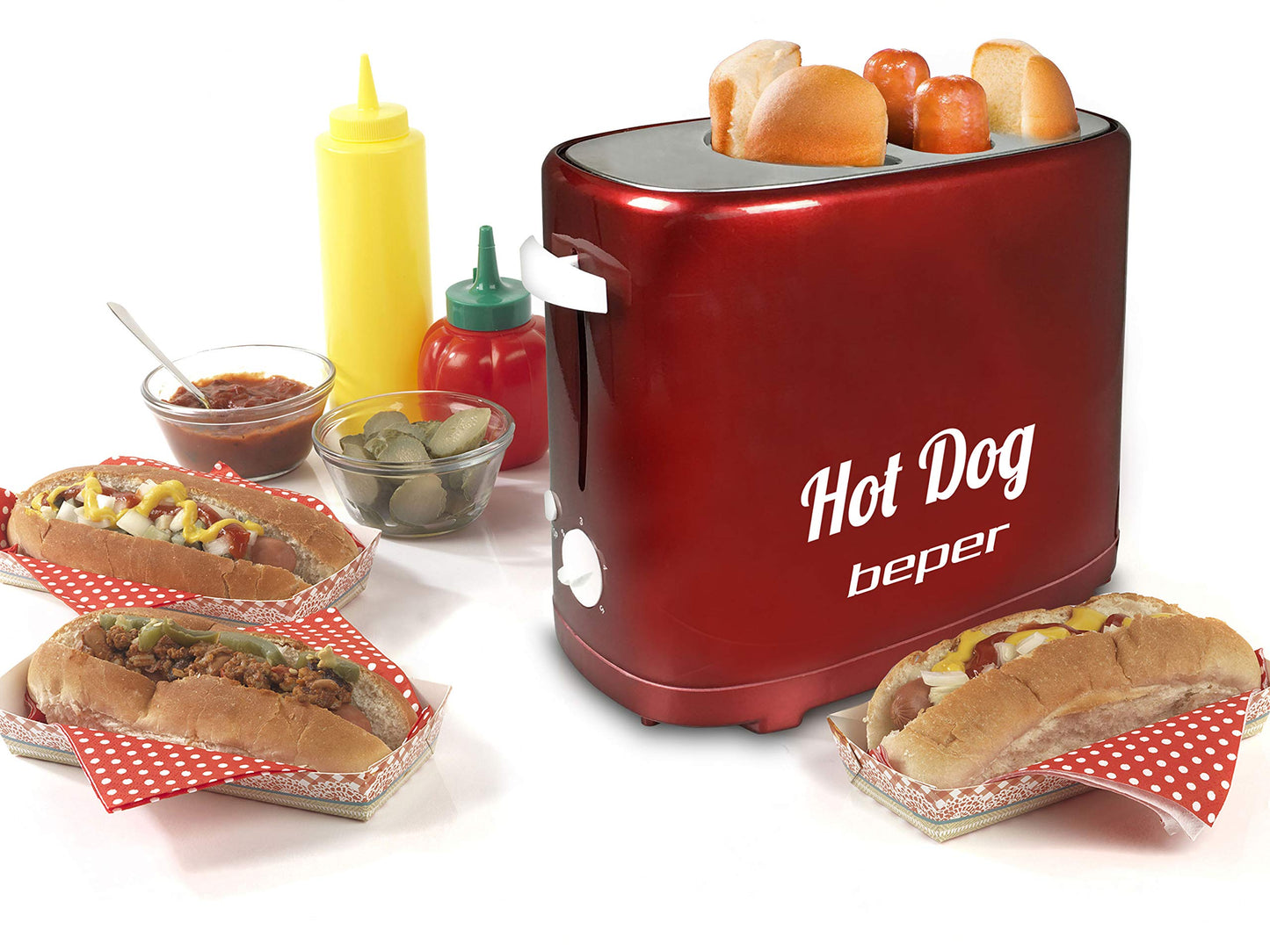 BEPER BT.150Y Hot Dog Maker mit 5 Kochstufen - Hot Dog Maschine im Vintage Design, Rot, 750 W