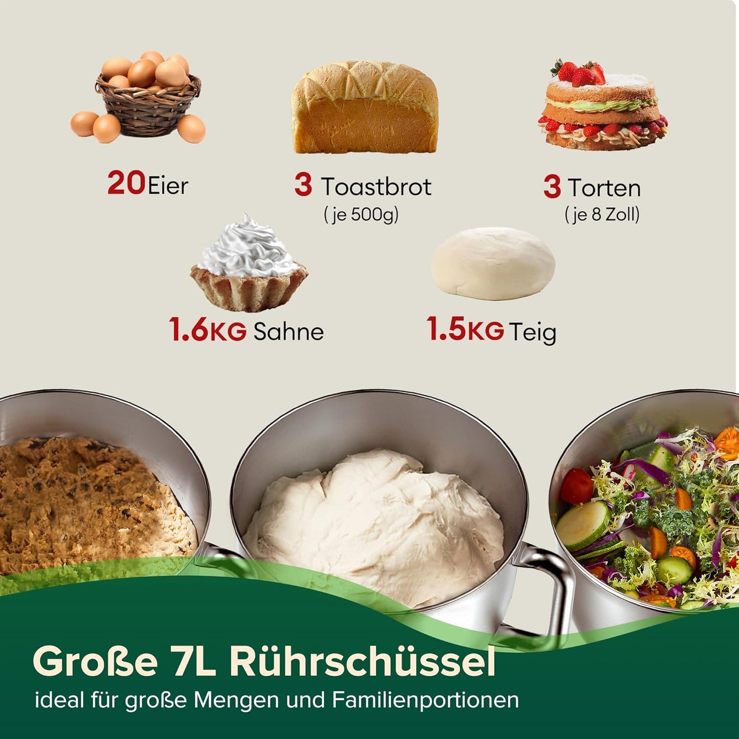 Chefree Knetmaschine Profi Küchenmaschine,7L Schüssel mit 3 Rührwerkzeuge, 1800W,LED-Touchscreen,10 Stufen,Knethaken Rühr- & Schneebesen,Planetenrührwerk,Rot,M500