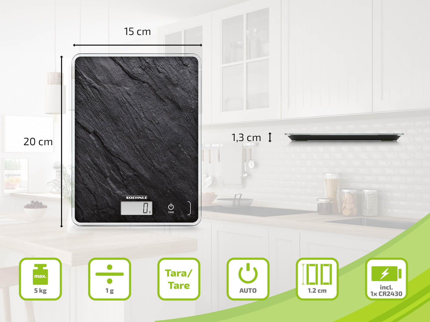 Soehnle Küchenwaage Page Compact 300 weiß, digitale Küchenwaage bis zu 5 kg Tragkraft, Waage mit leicht ablesbarer LCD-Anzeige, Digitalwaage mit Zuwiegefunktion