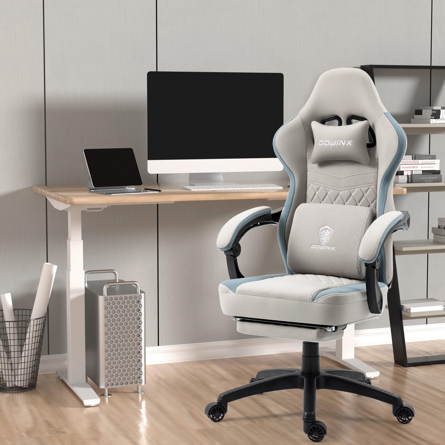 Dowinx Gaming Chair Fabric with Gel Pad, Massage Gaming Chair with Footrest, Ergonomic PC Chair, Gamer Chair with Storage Bag, Office Chair, 150 kg Load Capacity, Grey