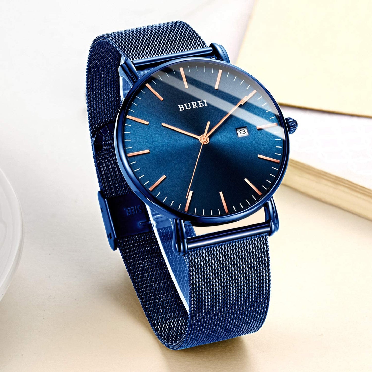 BUREI Ultra Dünne Uhren Herren Schwarze Analoges Datum Armbanduhr Herren mit Japanisches Quarzwerk, Geschenke für Männer