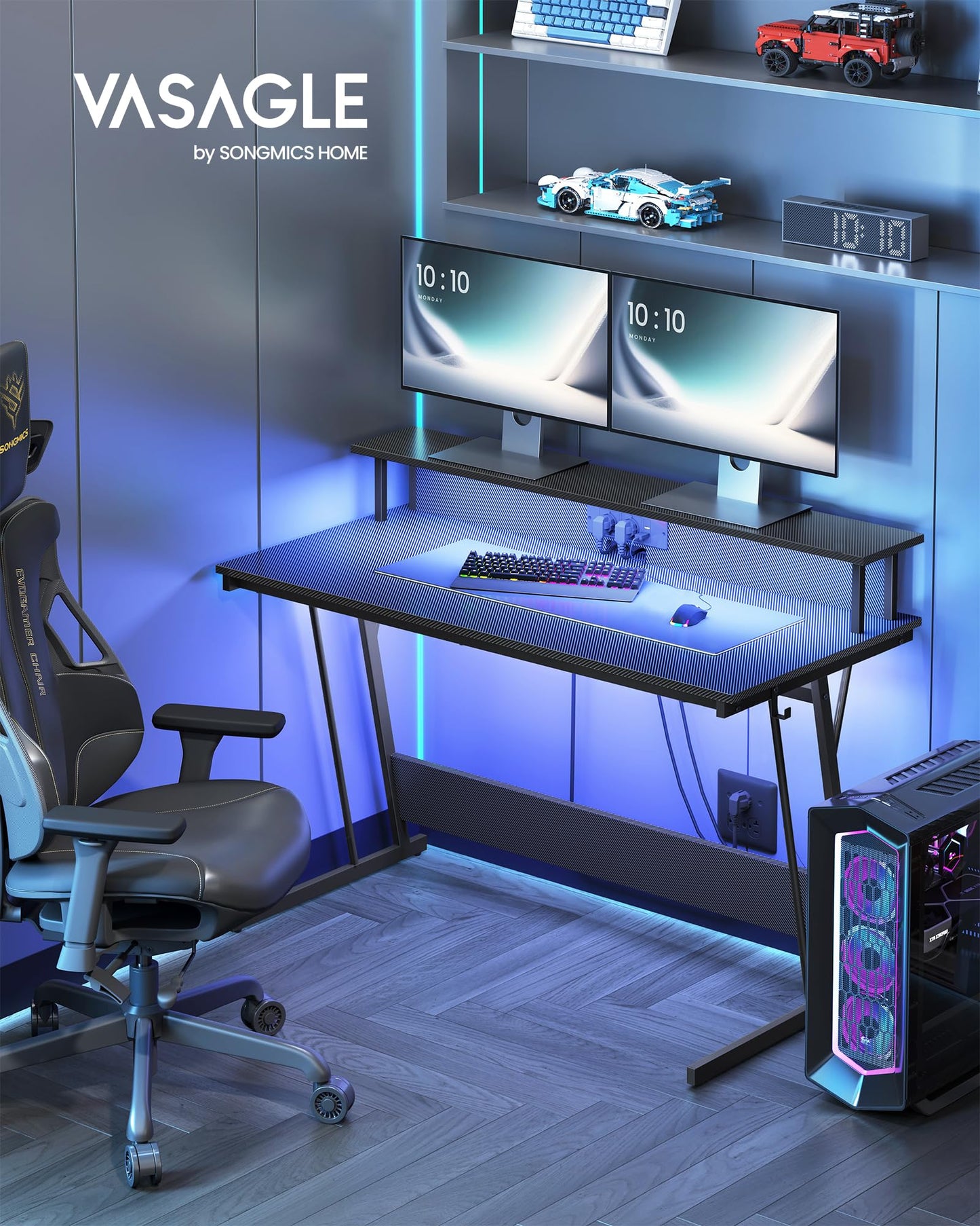 VASAGLE Schreibtisch, Gaming Tisch mit eingebauter Steckdosenleiste, Computertisch, mit Monitorständer für 2 Monitore, Schlafzimmer, 60 x 120 x 76 cm, rußschwarz LWD192B02