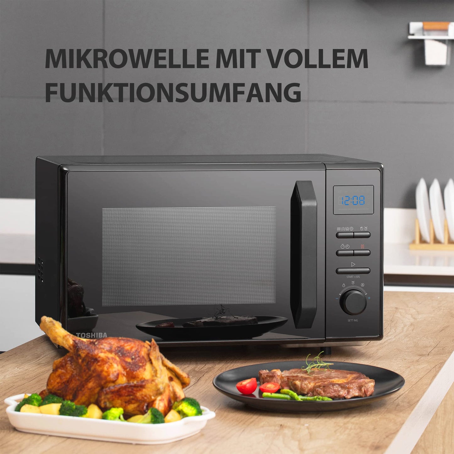 Toshiba MV-AM20T(BK) Mikrowelle/Solo-Mikrowelle/ 20 L/ 800 W/ 5 Leistungsstufen/ 12 Automatikprogramme/Emaille Innenraum/einfach zu reinigen/Auftaufunktion/Glasdrehteller (24,5 cm) /Schwarz