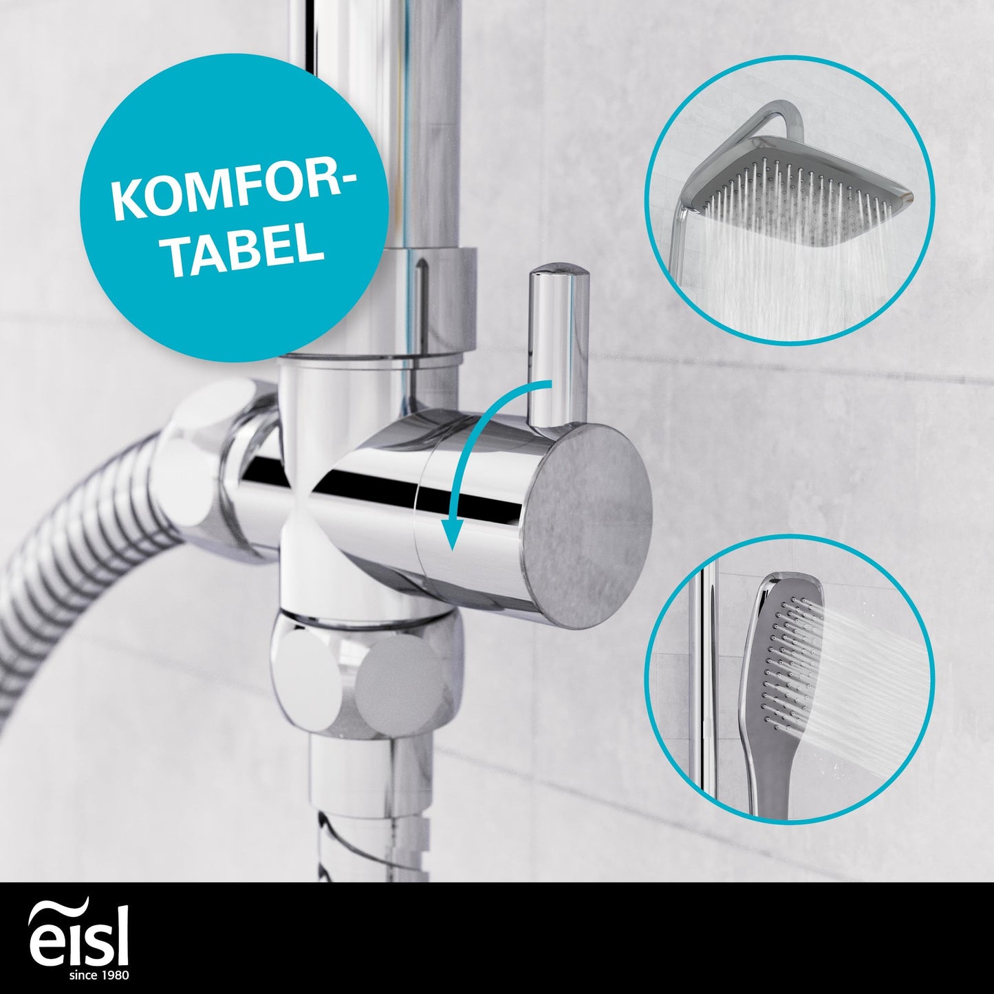EISL Duschset EASY FRESH, Duschsystem ohne Armatur 2 in 1 mit großer Regendusche (250 x 200 mm) und Handbrause, Regendusche ohne Armatur ideal zum Nachrüsten, komplettes Montageset, Chrom DX12006