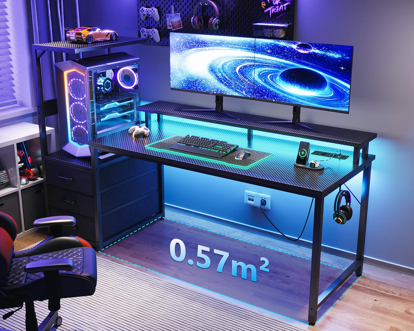Coleshome Gaming Table with LED Lighting & Socket, Gaming Desk with Drawers, Computer Desk with Shelves & Monitor Stand, Carbon Fibre Black, 151 x 50 cm