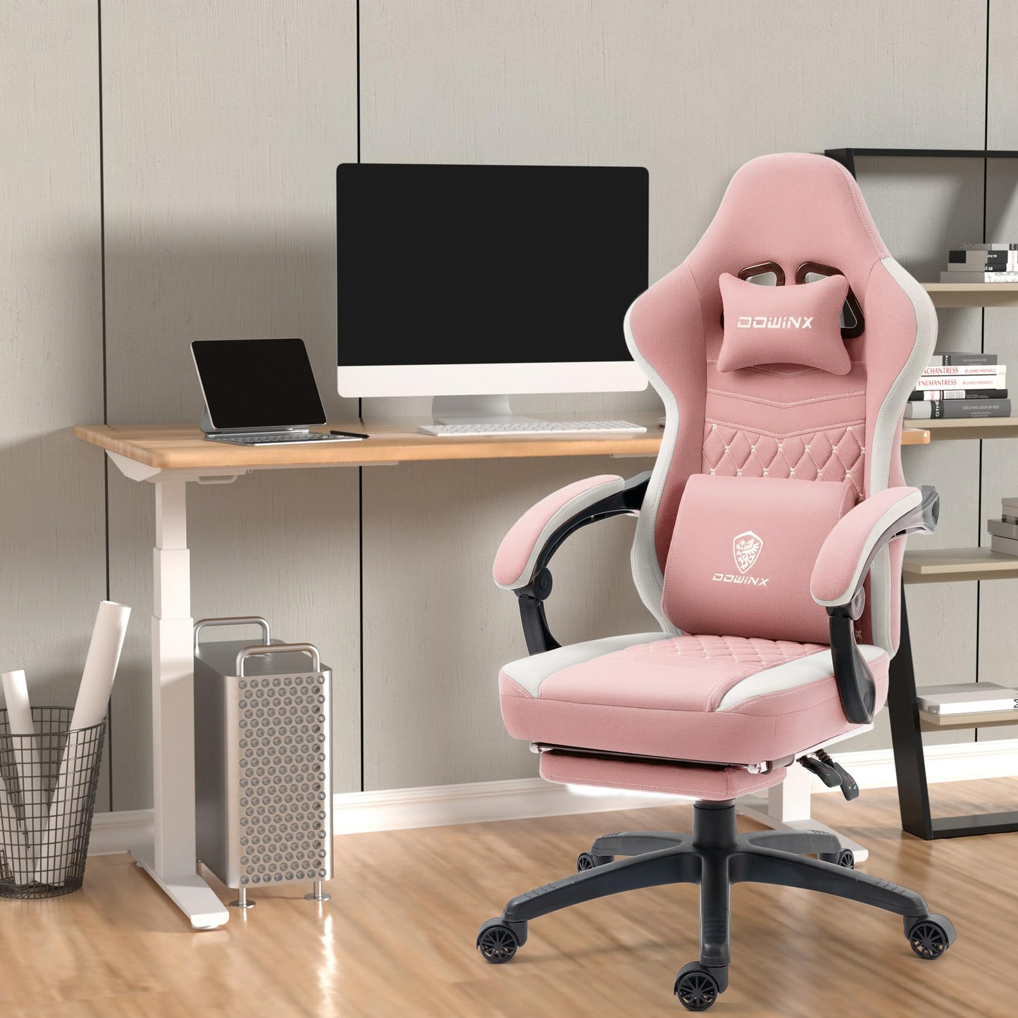 Dowinx Gaming Chair Fabric with Gel Pad, Massage Gaming Chair with Footrest, Ergonomic PC Chair, Gamer Chair with Storage Bag, Office Chair, 150 kg Load Capacity, Grey