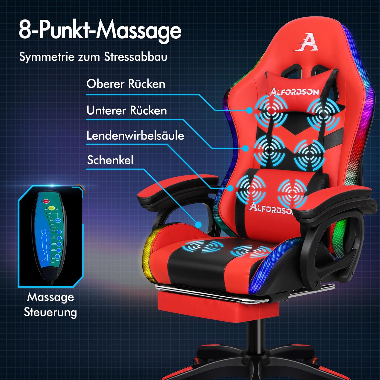 ALFORDSON Gaming Stuhl mit 8-Punkt Massage 12 Farben RGB LED-Licht, Bürostuhl Ergonomisch mit fußstützen, Kopfstütze Lendenkissen für Kinder Erwachsene, Schwarz