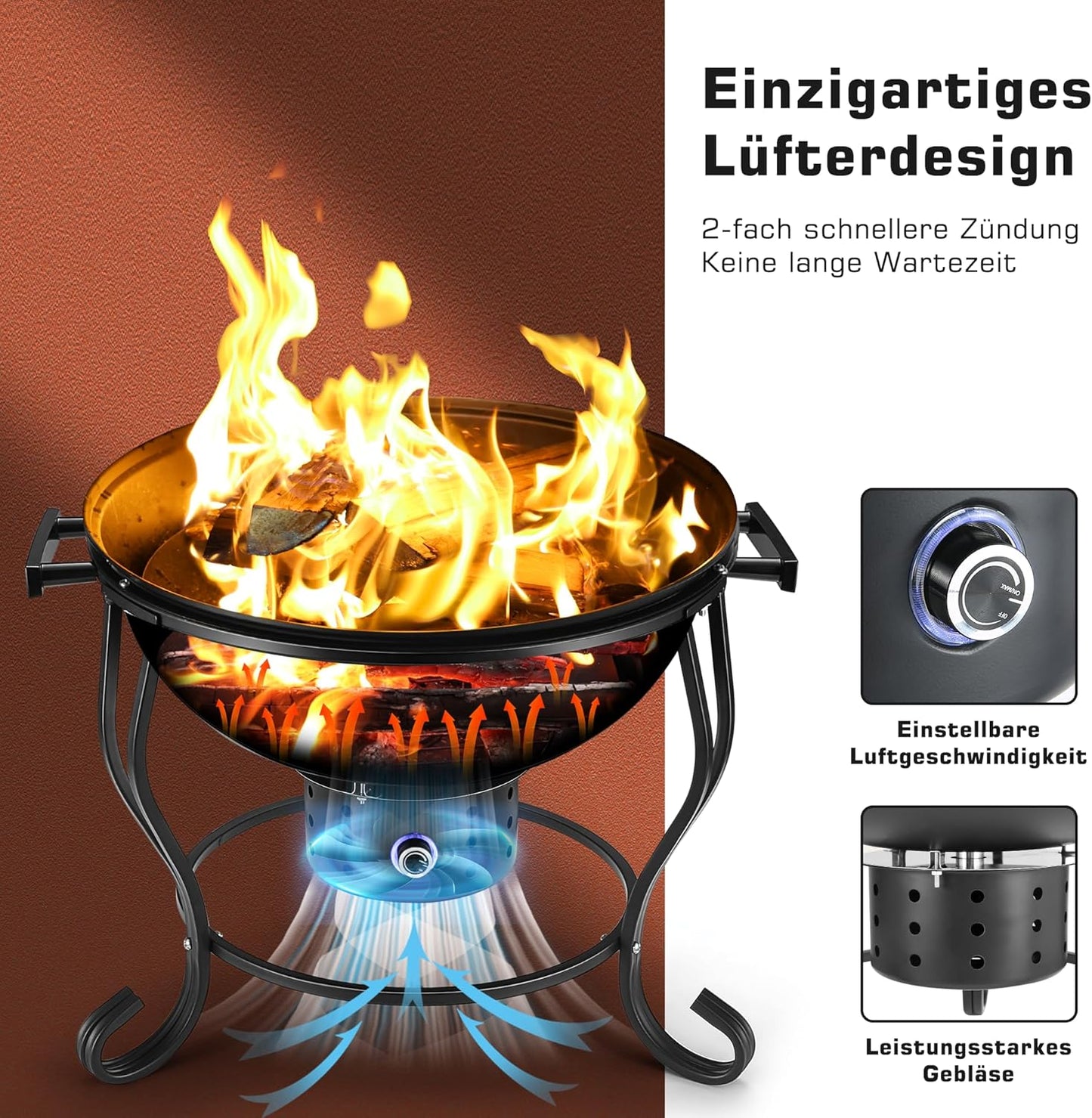 TOKTOO Portable charcoal grill with adjustable fan, Ø 44cm BBQ grill with lid, grill grate and thermometer, charcoal grill for barbecue camping, terrace, garden, charcoal grill