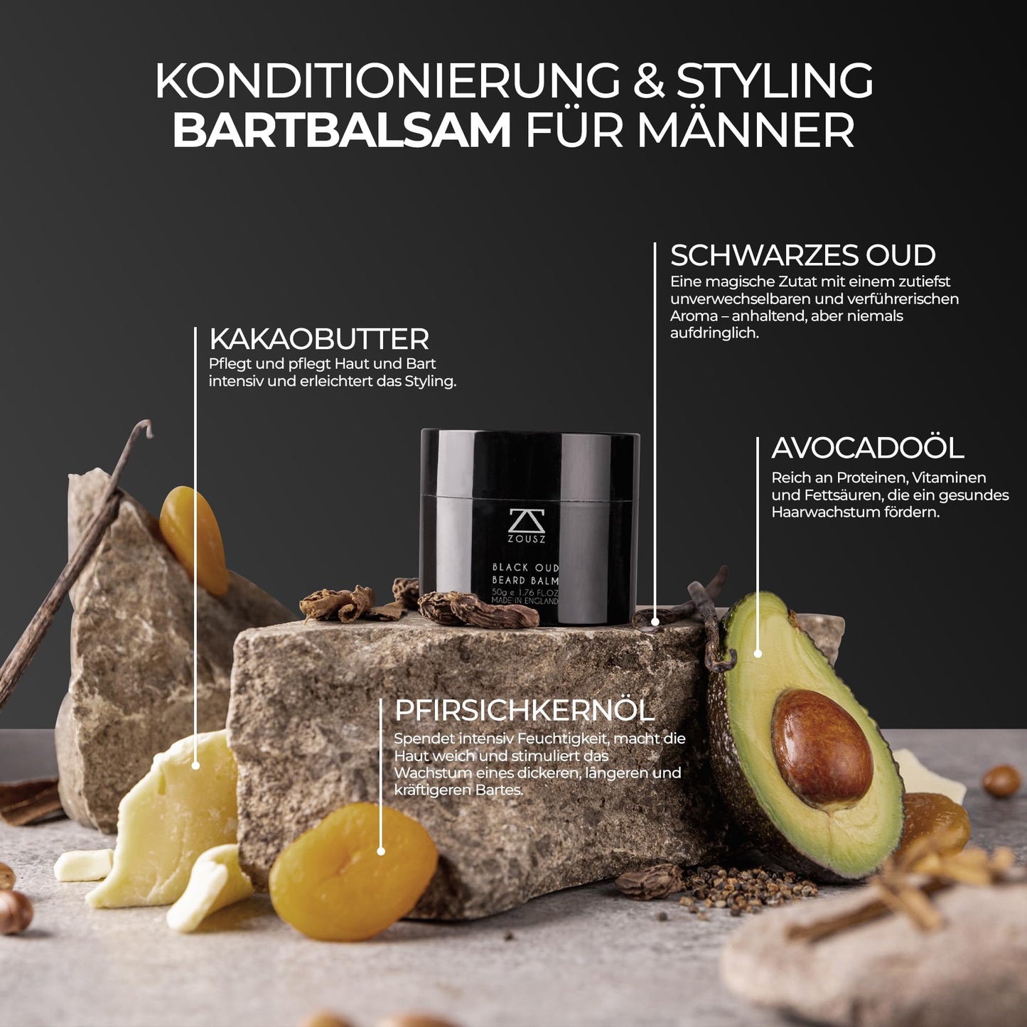 ZOUSZ Black Oud Bartbalsam für Männer mit Sheabutter – Premium-Bartbalsam/Bartspülung/Bartweichmacher Herren | Das ultimative nicht fettender Bartpflege für Männer, 50 ml