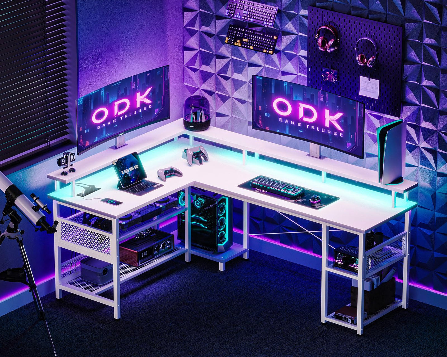 ODK Gaming Tisch mit LED, Reversibel Gaming Schreibtisch mit 2 Steckdosen & 2 USB-Ladeanschlüssen, Eckschreibtisch Groß mit Netzablage, Schwarz 150×102cm