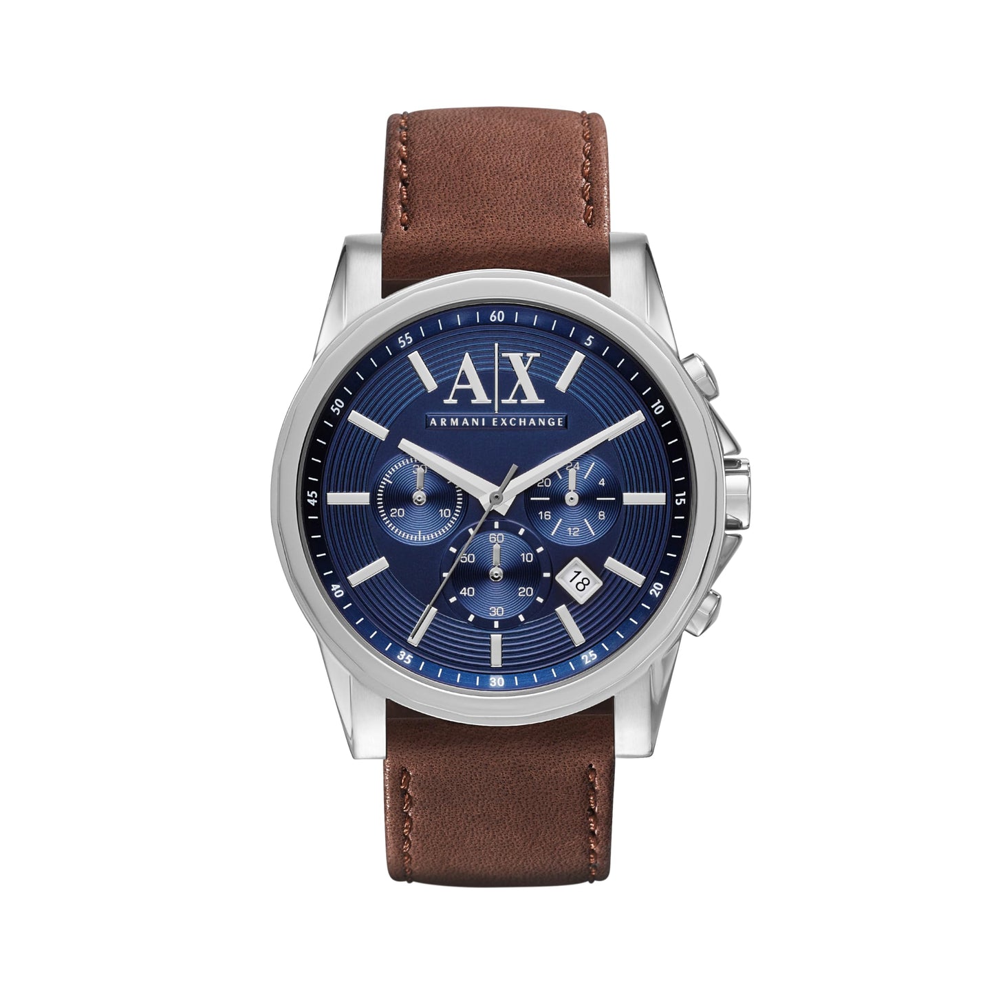 A|X Armani Exchange Stainless Steel Watch with Blue Dial and Brown Leather Strap