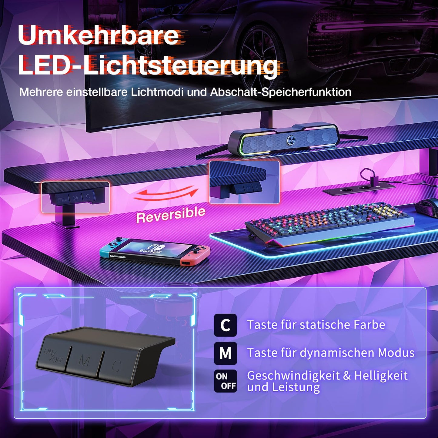 ODK Gaming Tisch, Kleiner Gaming Schreibtisch mit LED Beleuchtung & Steckdosen, Computertisch mit Monitorablage, Carbon Fiber Schwarz PC Gamer Tisch 100cm