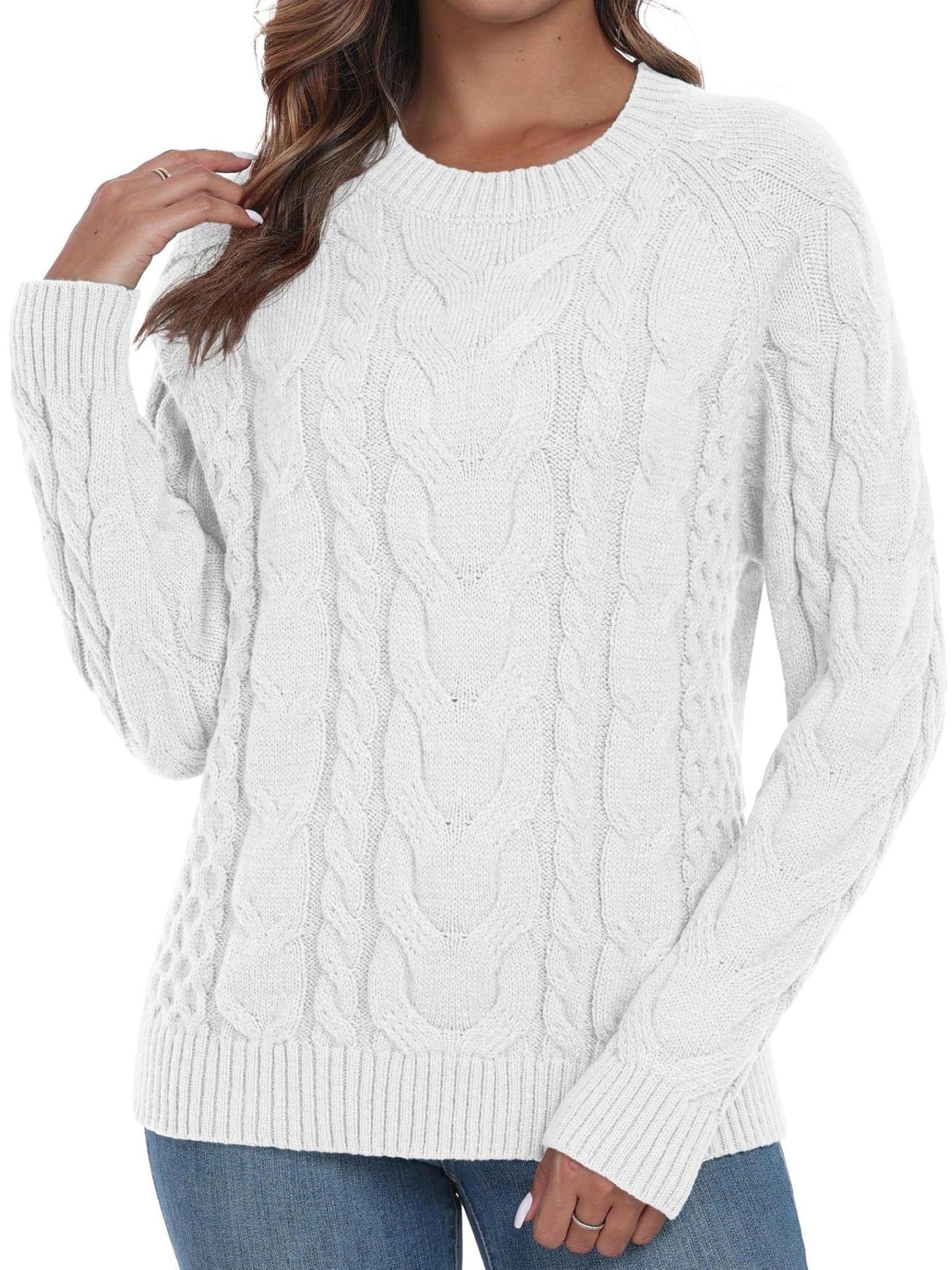 QIXING Women's Cable Knit Sweater – Elegant Long Sleeve Round Neck Winter Pullover