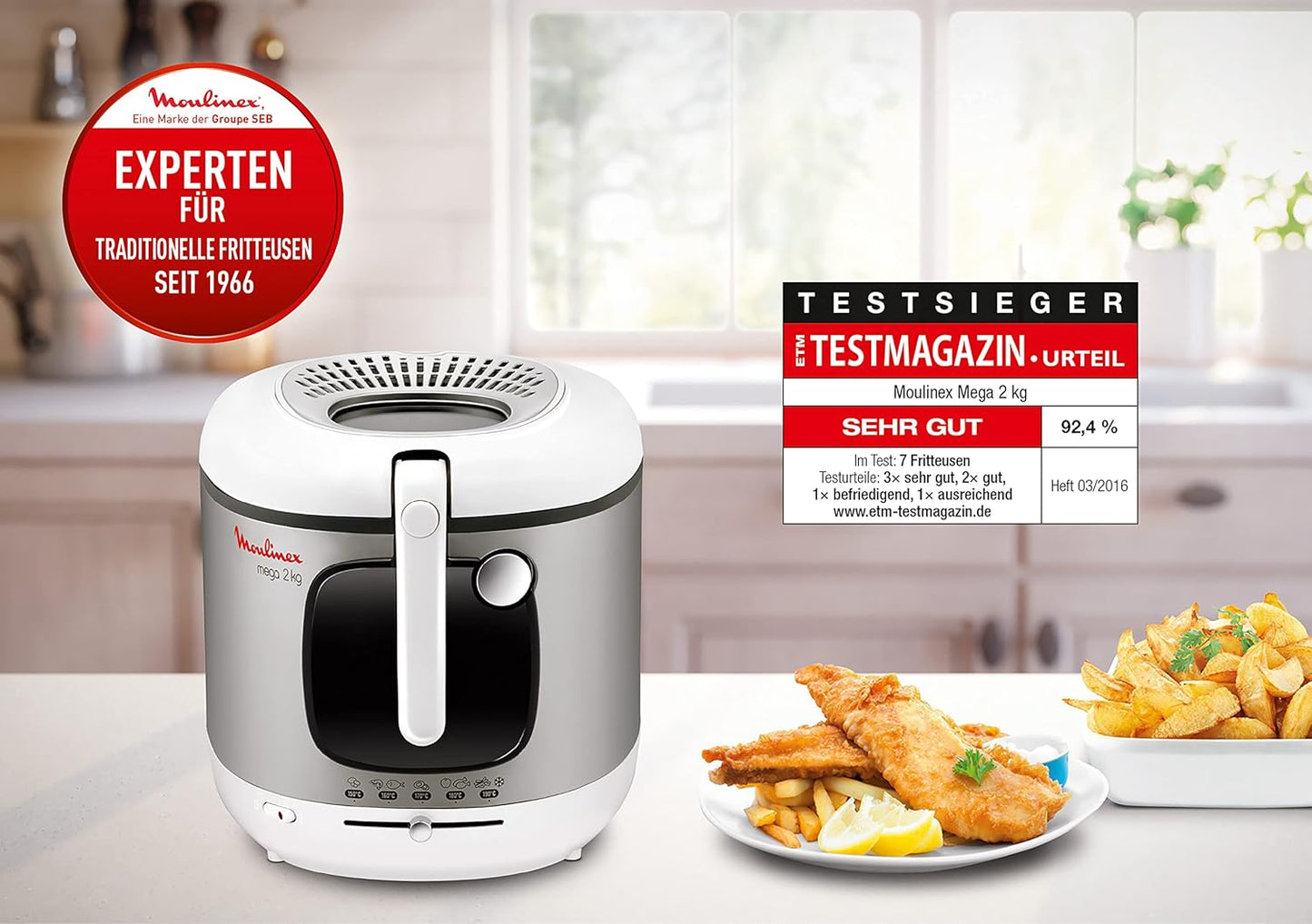 Moulinex Mega 2kg Fritteuse, Fritteuse mit Öl, Anti-Geruchs-Filter, regelbare Temperatur, leichte Reinigung, knusprige Pommes, 1.800 Watt, für bis zu 8 Personen, weiß/silber, AM4800
