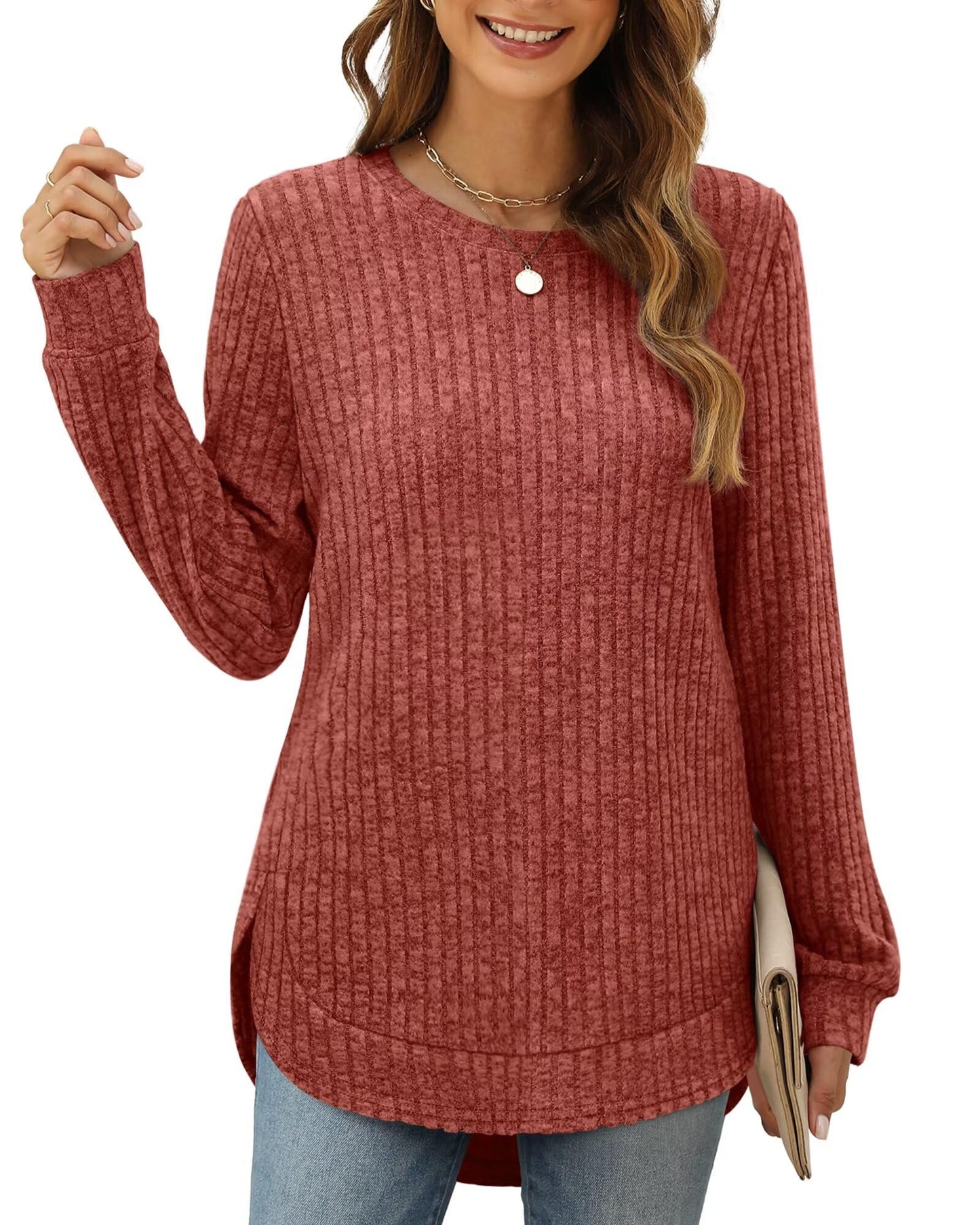 XIEERDUO Women's Pullover Sweater – Curved Hem Knit Sweatshirt