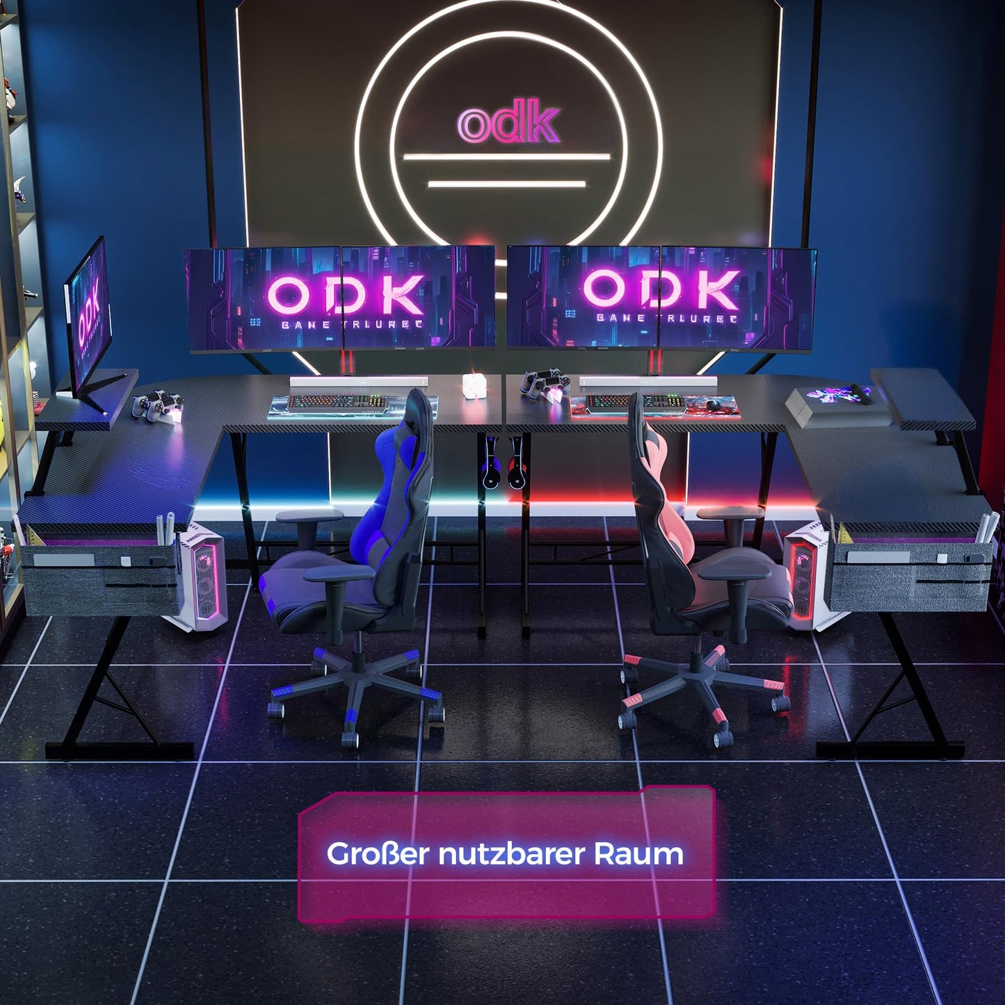 ODK Gaming Tisch, Gaming Schreibtisch Eckschreibtisch für Gamer, Schreibtisch L Form mit Monitorständer für Büro (Schwarz, 127 x 127 cm)