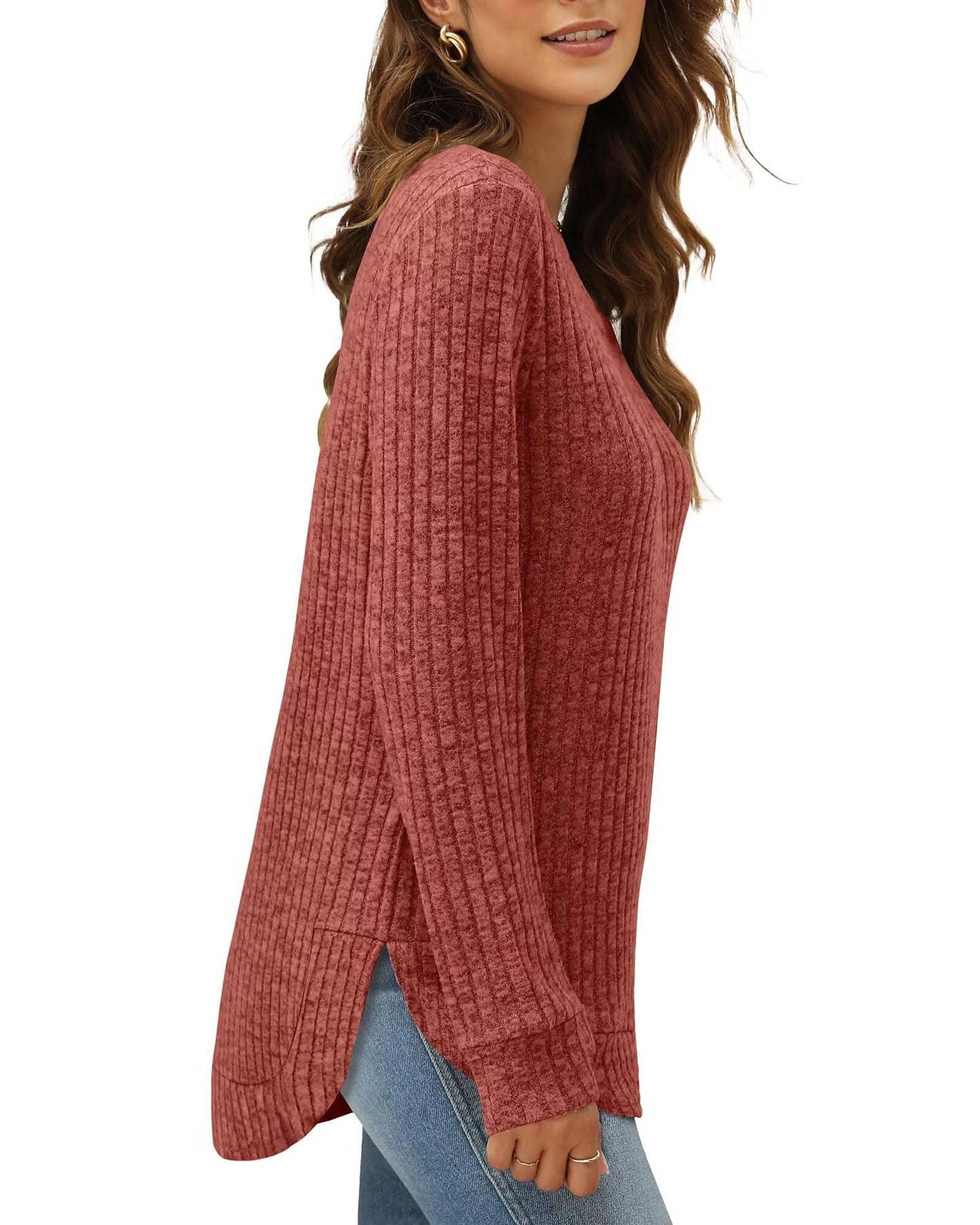 XIEERDUO Women's Pullover Sweater – Curved Hem Knit Sweatshirt