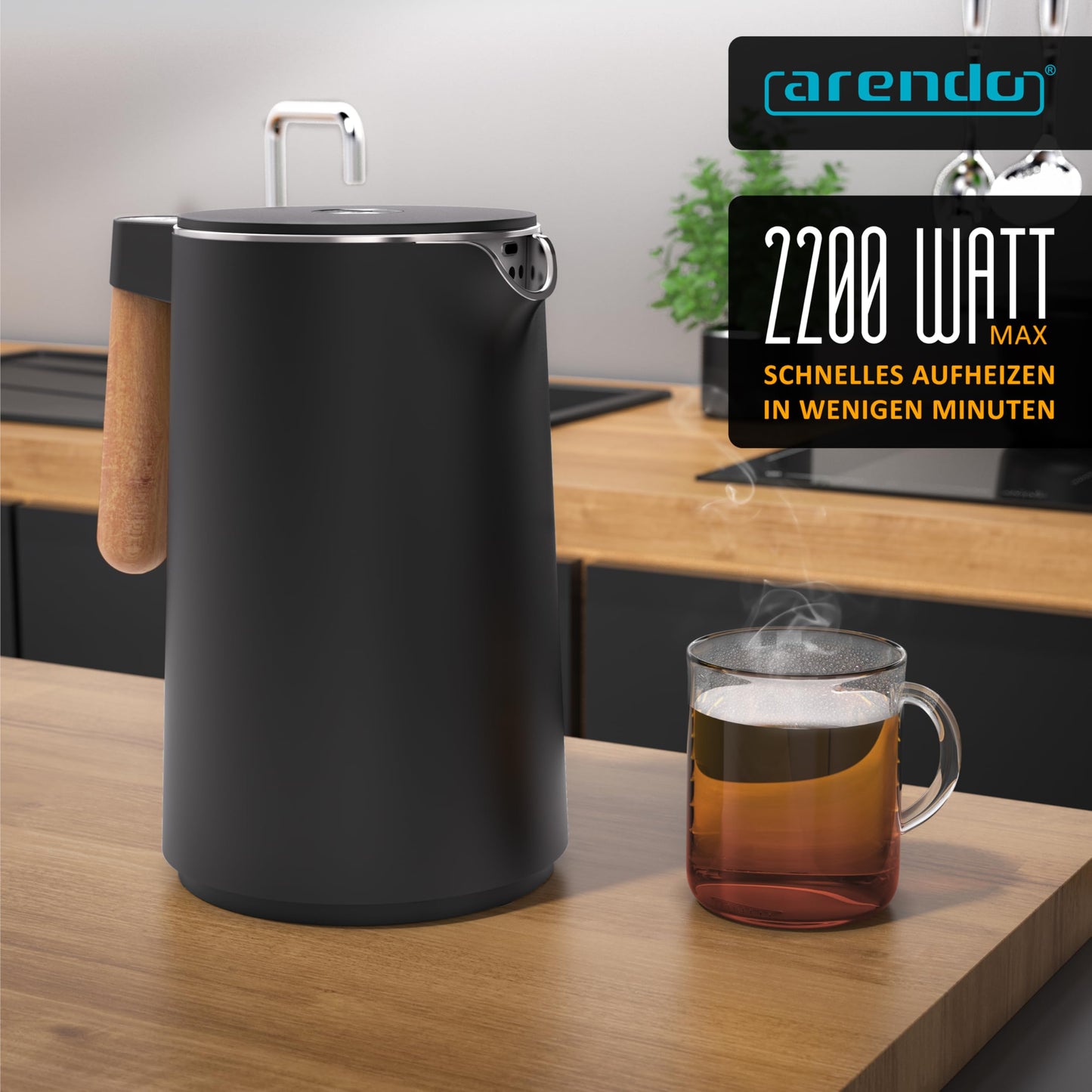 Arendo - Stainless Steel Kettle with Temperature Setting - 45°C-100°C - 1.5 Litre - Double Wall - BPA Free - Keep Warm Function - Tea Maker with Temperature Indicator - Cool Touch Handle - Black