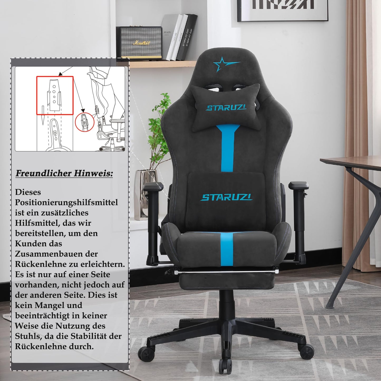 STARUZI Gaming Stuhl aus Wildlederimitat Stoff, Ergonomischer PC Stuhl, Gamer Stuhl mit Fußstütze, Atmungsaktiver Game Drehsessel mit Verstellbare Armlehne, Grau-Grün