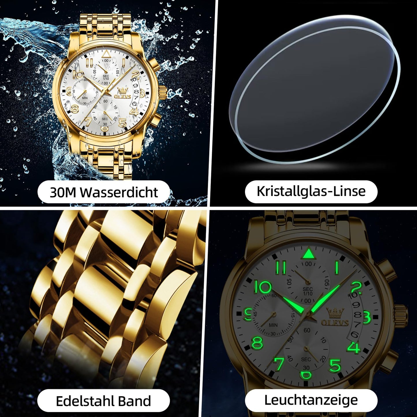 OLEVS Uhren Herren, Edelstahl Analoger Quarzuhr, Multifunktionale Diamanten Herrenuhren, Klassisches Luxuskleid Herrenuhr