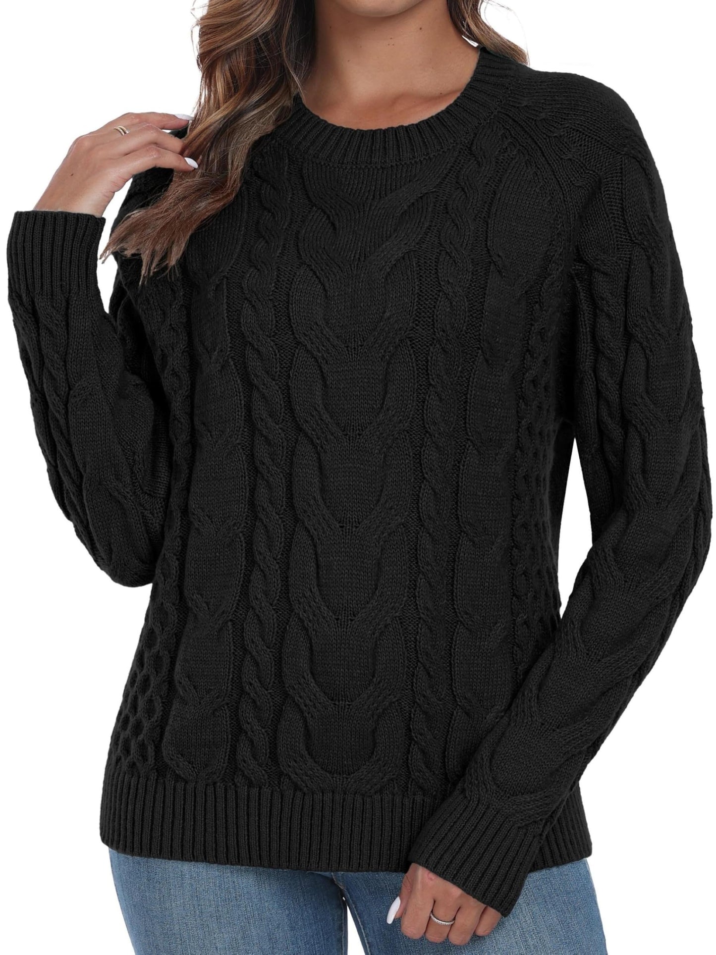 QIXING Women's Cable Knit Sweater – Elegant Long Sleeve Round Neck Winter Pullover