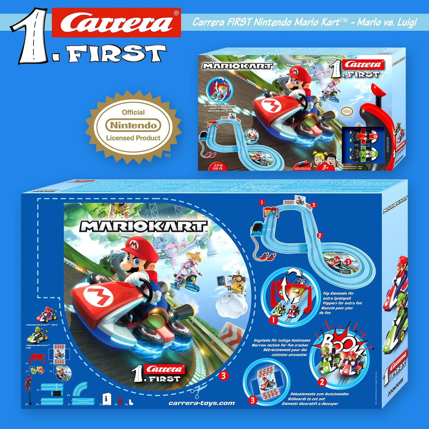 Carrera First Mario Kart™ Rennbahn | Super Mario™ vs. Luigi | Flip-Elemente | 2,9m Rennbahn | ab 3 Jahren | Batteriebetrieben