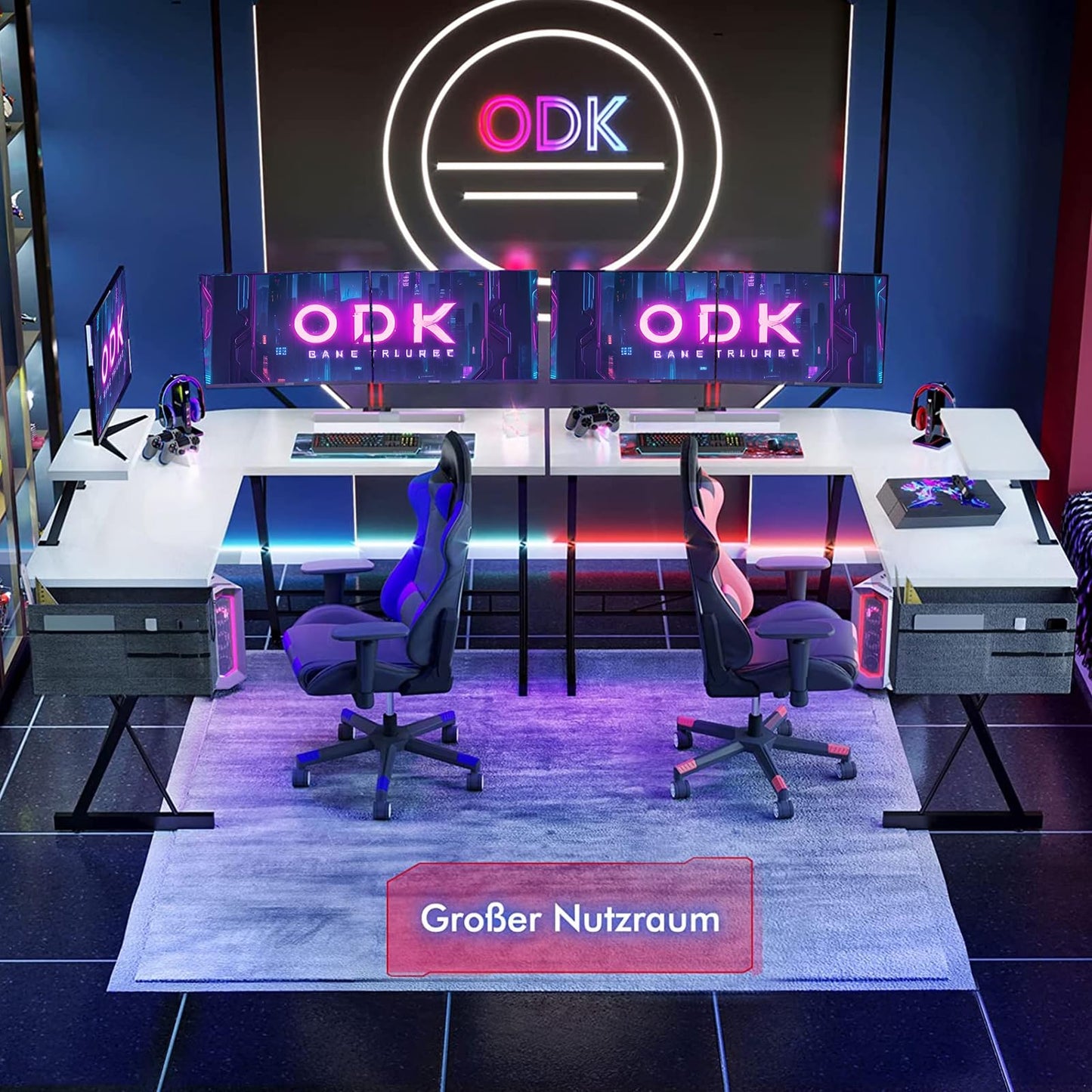 ODK Gaming Tisch, Gaming Schreibtisch Eckschreibtisch für Gamer, Schreibtisch L Form mit Monitorständer für Büro (Schwarz, 127 x 127 cm)