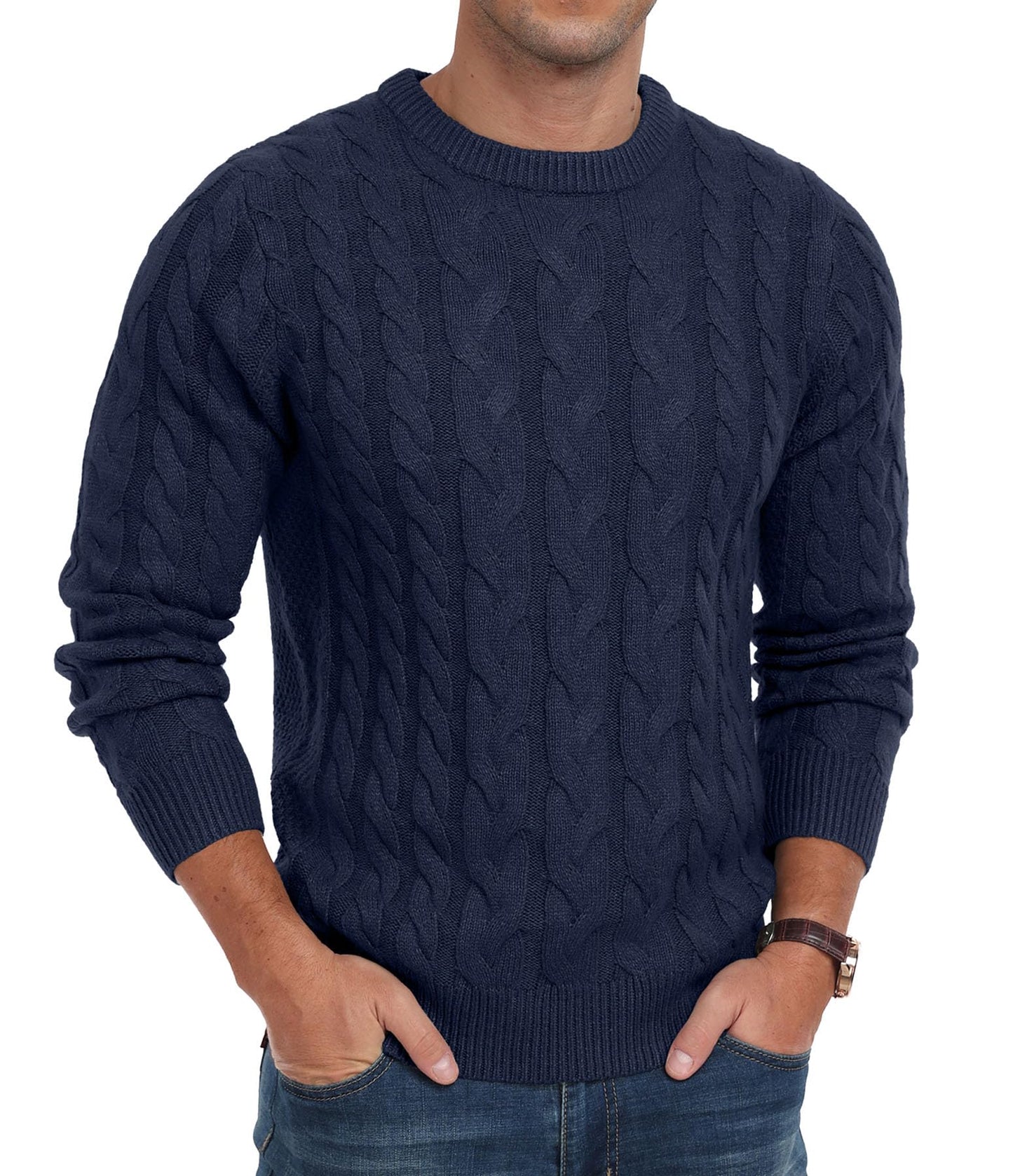 QIXING Men’s Cable Knit Sweater – Chunky Crewneck Pullover