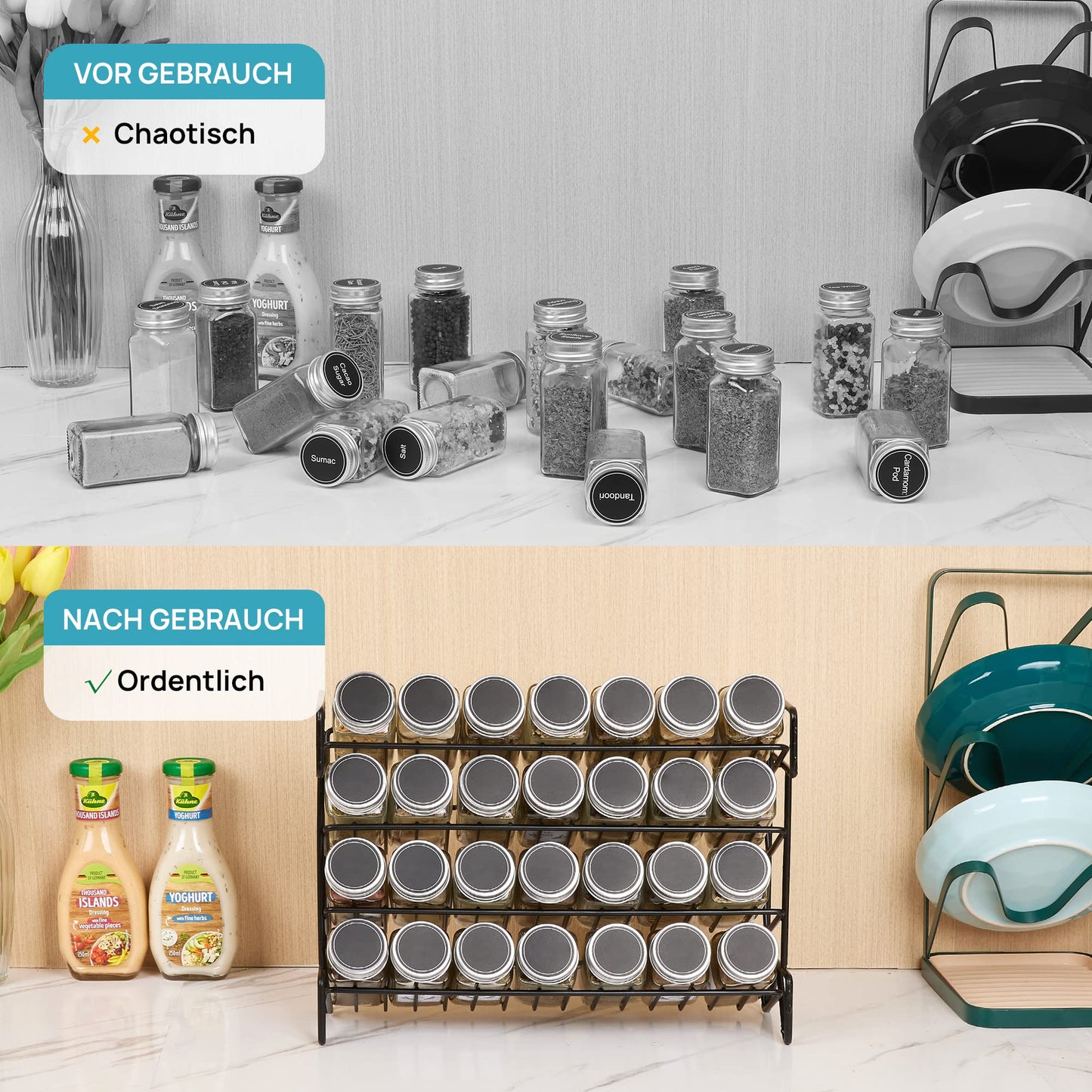 Vtopmart 4-stöckiges Gewürzregal Stehend, 28 Leere Gewürzgläser mit Gestell und 432 Gewürzetiketten, Gewürz-Organizer für Küchen, Schrank, Speisekammer, Schrank, Arbeitsplatte