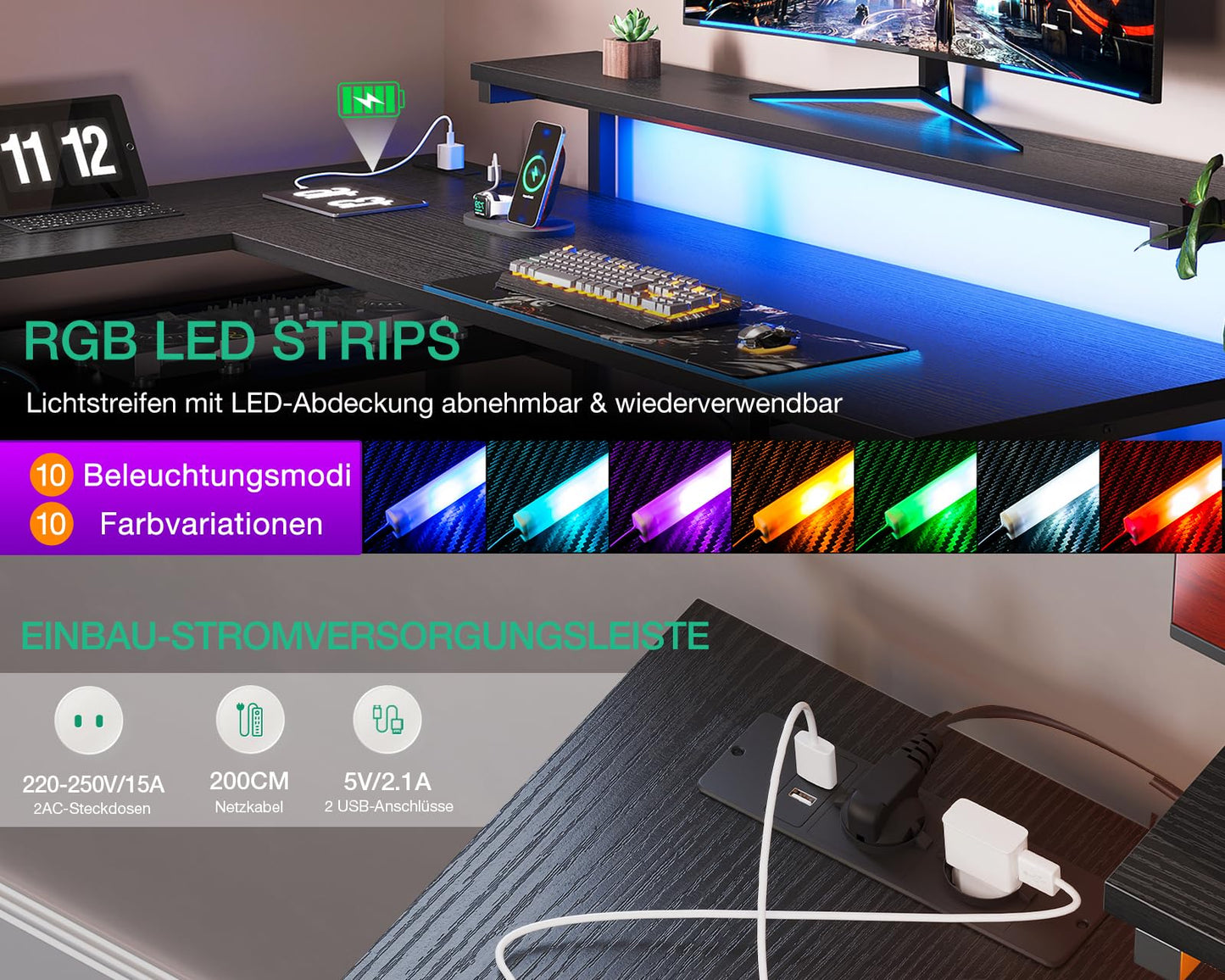 ODK Schreibtisch mit Schubladen, Reversible Eckschreibtisch mit 2 Steckdosen und 2 USB Ladeanschluss, Bürotisch L Form mit LED für Home Office 135×110cm (Schwarz)