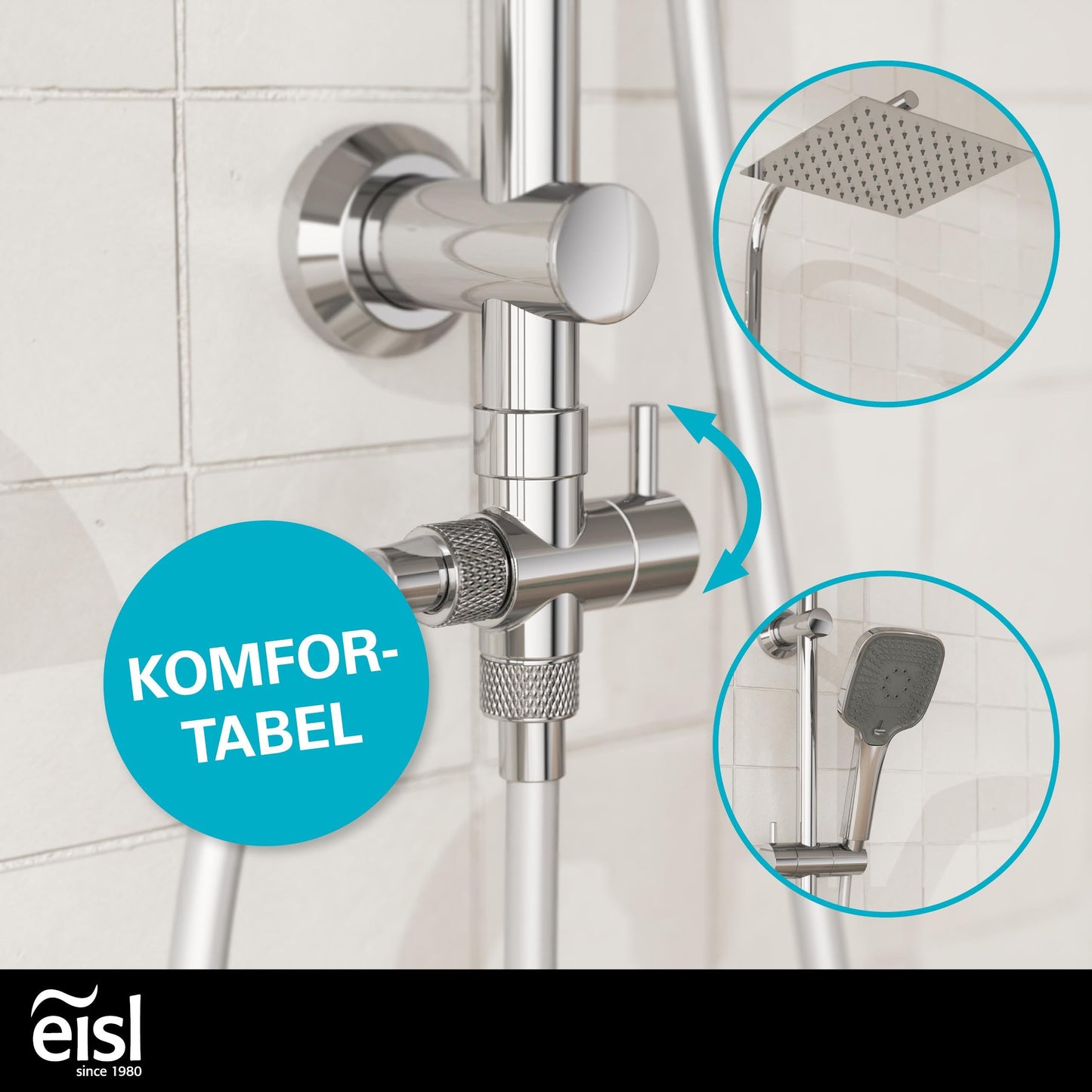 EISL Duschset EASY FRESH, Duschsystem ohne Armatur 2 in 1 mit großer Regendusche (250 x 200 mm) und Handbrause, Regendusche ohne Armatur ideal zum Nachrüsten, komplettes Montageset, Chrom DX12006