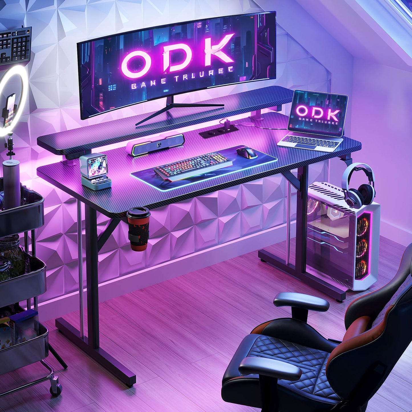 ODK Gaming Tisch, Kleiner Gaming Schreibtisch mit LED Beleuchtung & Steckdosen, Computertisch mit Monitorablage, Carbon Fiber Schwarz PC Gamer Tisch 100cm