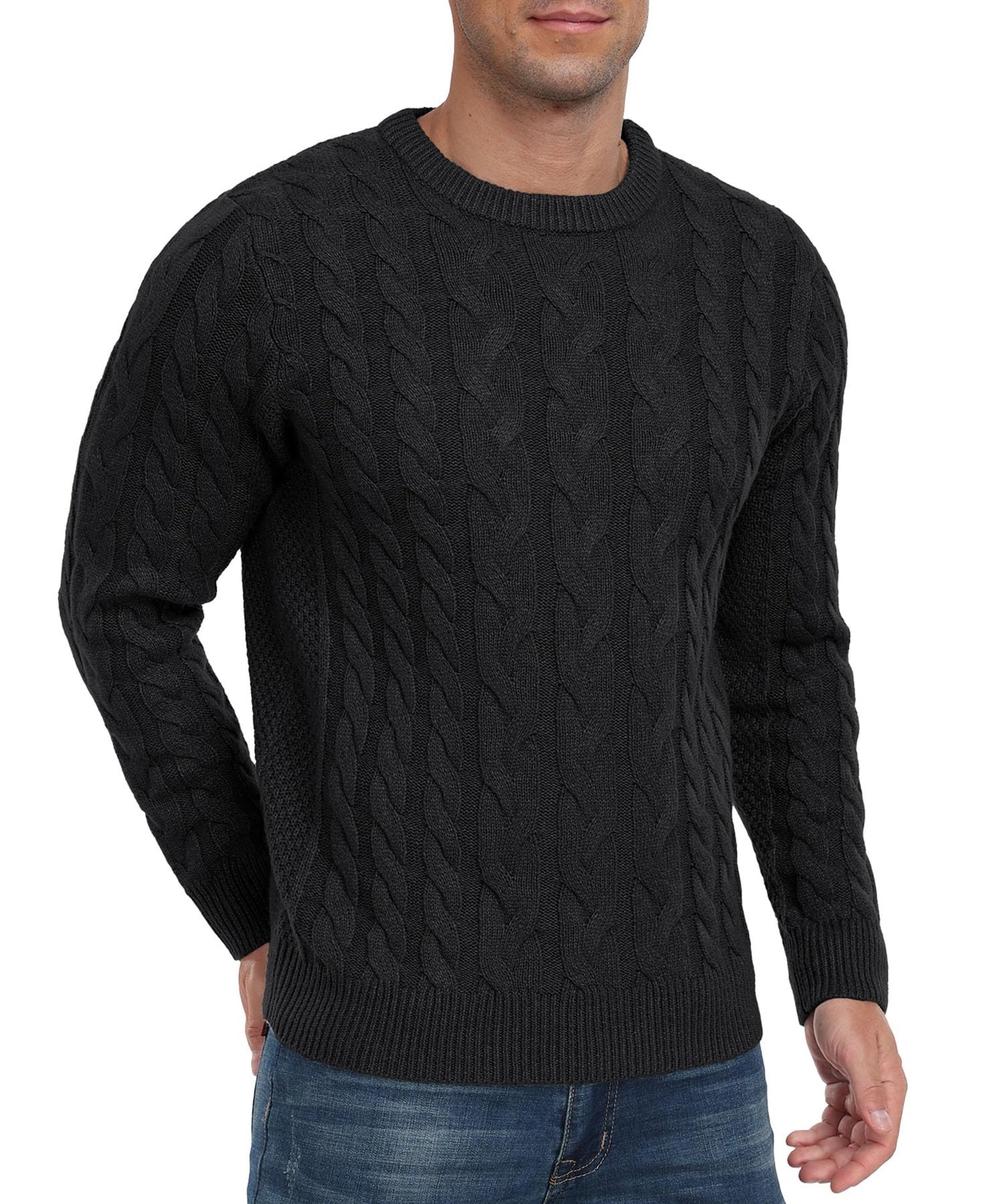 QIXING Men’s Cable Knit Sweater – Chunky Crewneck Pullover