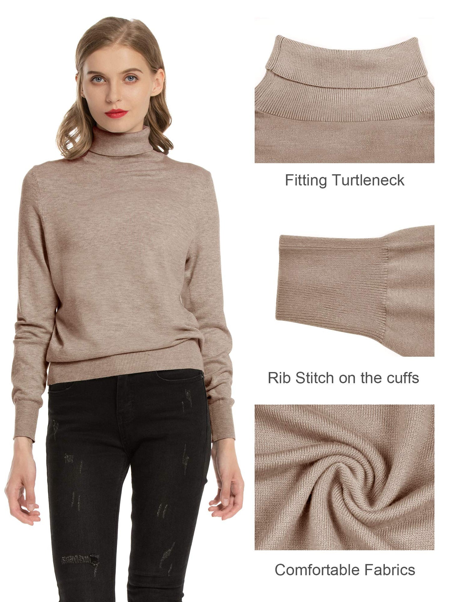 Women's Turtleneck Sweater – Soft Stretch Lightweight Ribbed Knit Pullover