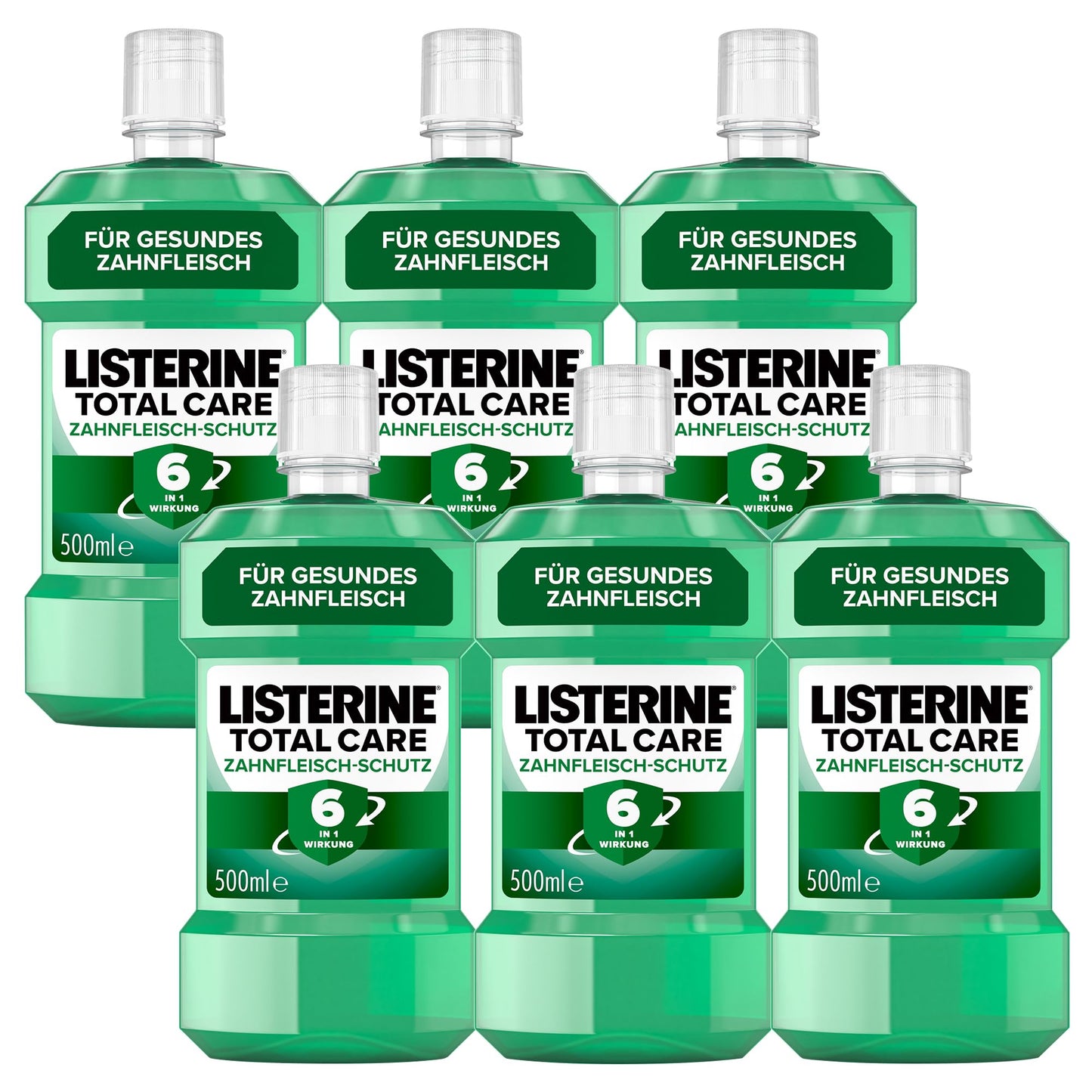 LISTERINE Total Care Zahnfleisch-Schutz (6 x 500 ml), antibakterielle Mundspülung mit Fluorid für gesundes Zahnfleisch, Zahnpflege Mundwasser reduziert Zahnbelag mit 6 in 1 Wirkung