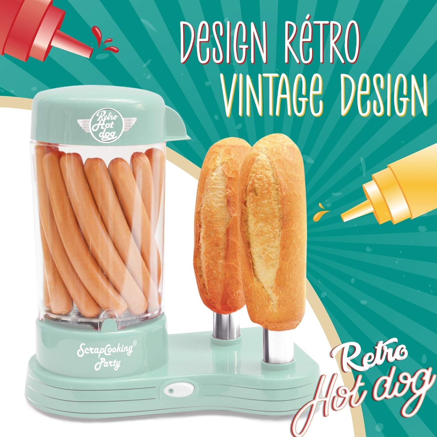 ScrapCooking 601 Hot Dog Maker Maschine-Kapazität 12 Würstchen & 2 Brötchen-Vintage-Retro-Stil für Partys Barbecues Feste Kirmes Geburstag-Grün-0601, Lebensmittelechter Kunststoff, weiß