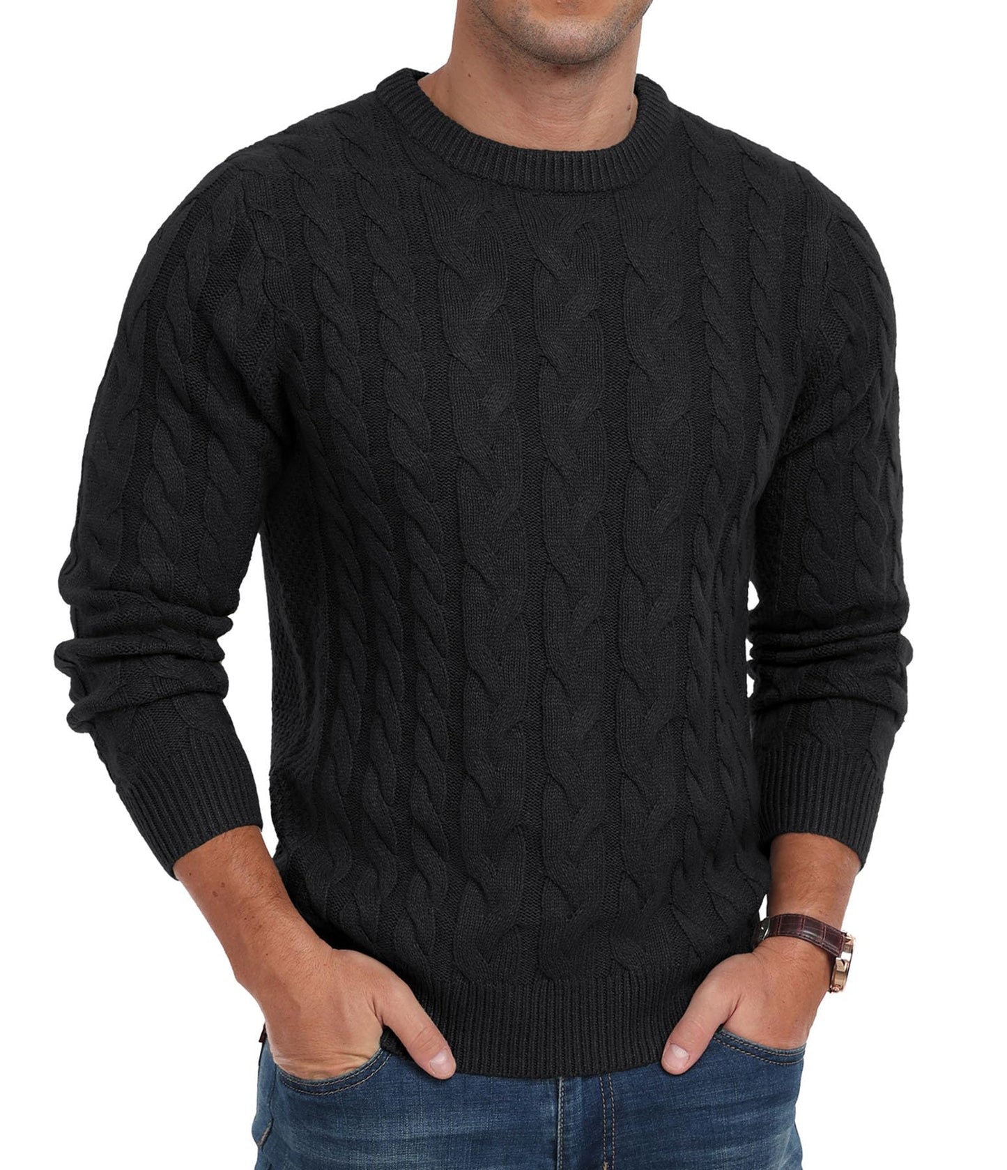 QIXING Men’s Cable Knit Sweater – Chunky Crewneck Pullover